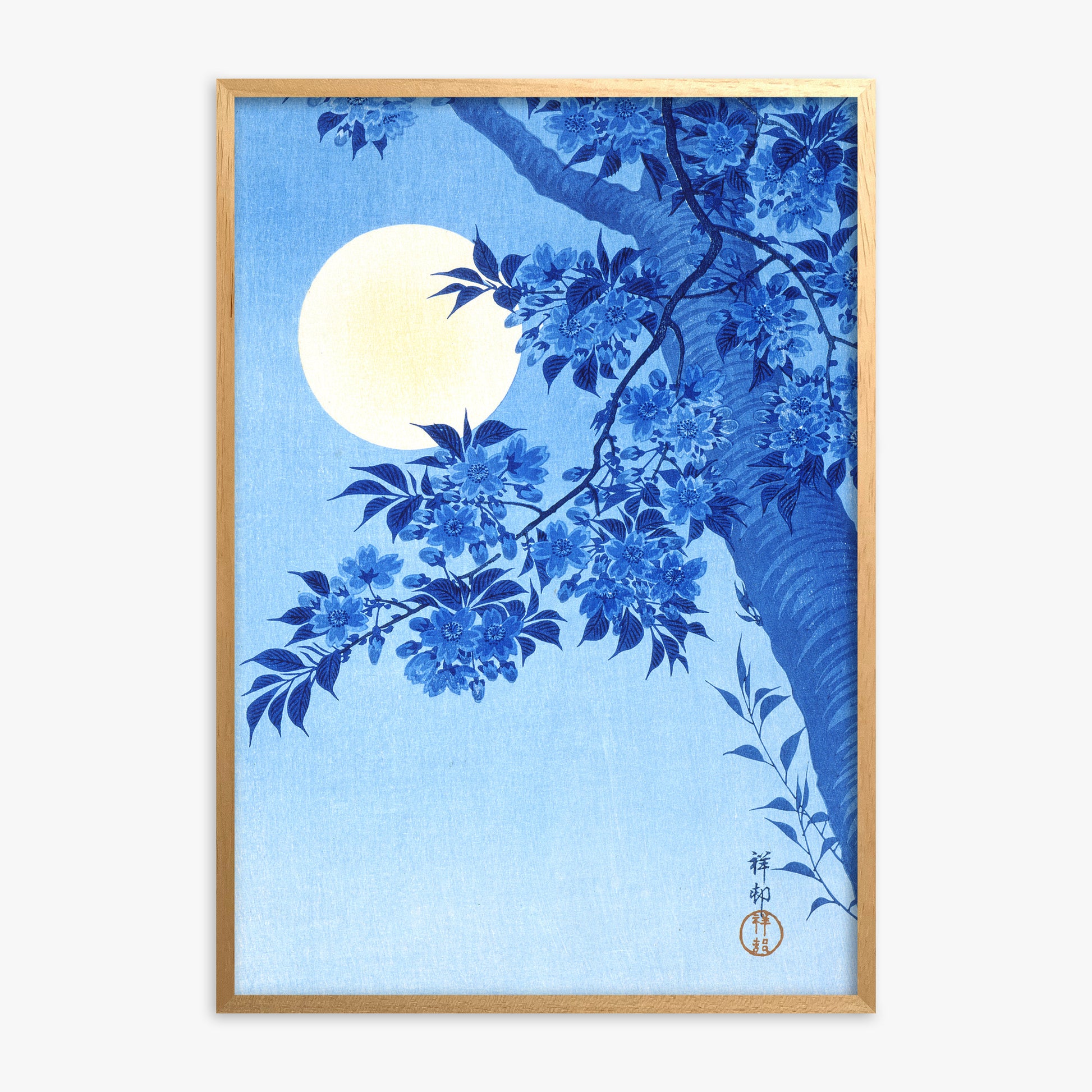 Ohara Koson: Blossoming Cherry on a Moonlit Night, Oak Framed Art Reproduction With Oak Frame