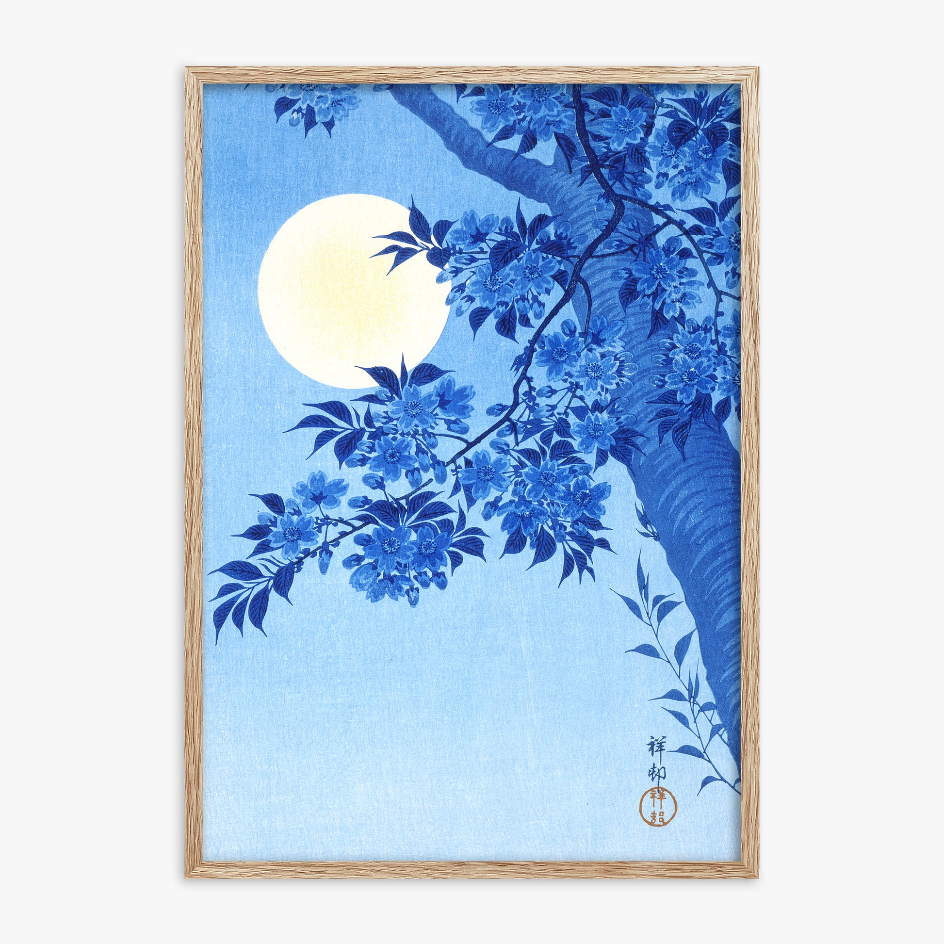 Ohara Koson: Blossoming Cherry on a Moonlit Night, 70x100cm Framed Art Reproduction With Raw Oak Frame
