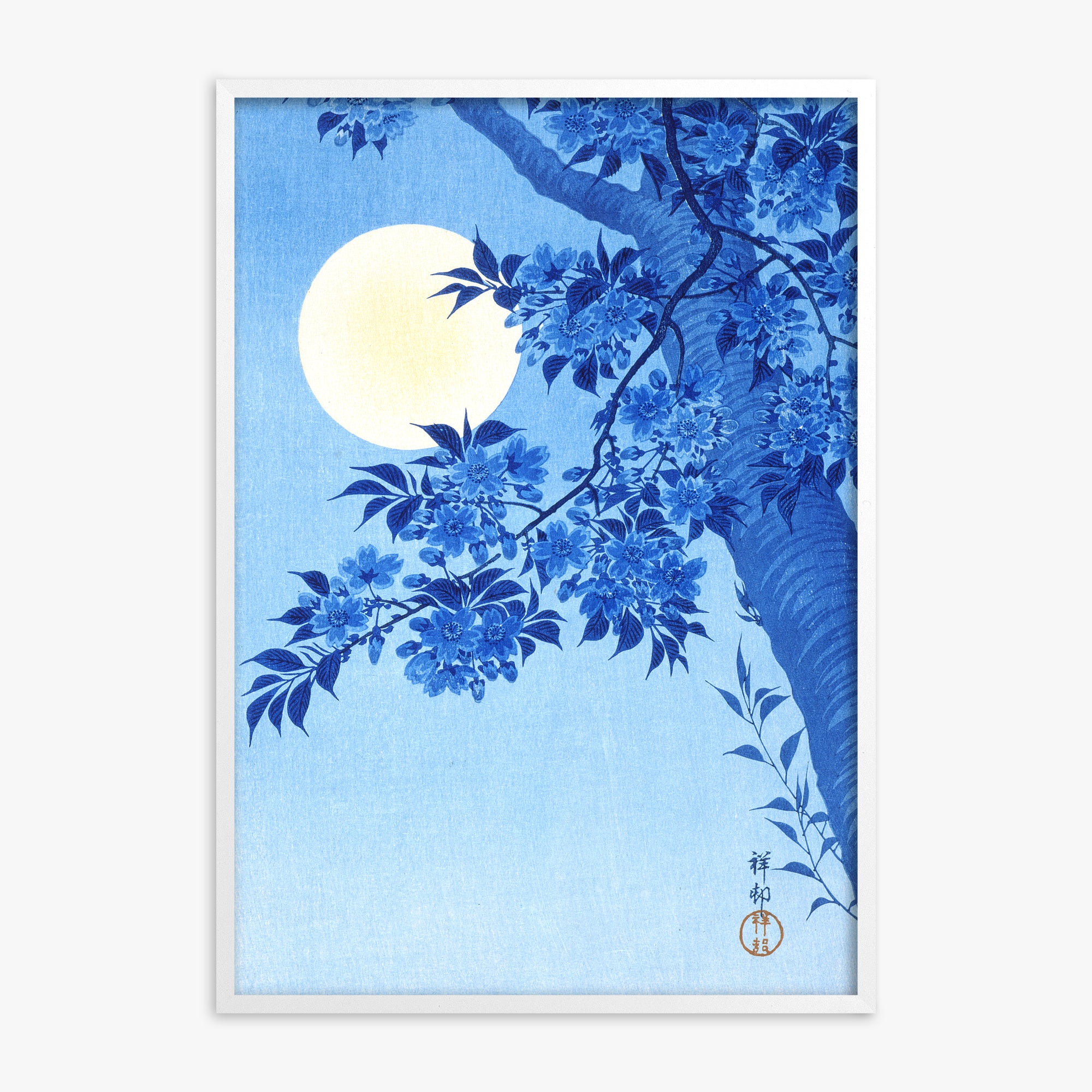 Ohara Koson: Blossoming Cherry on a Moonlit Night, White Framed Art Reproduction With White Frame