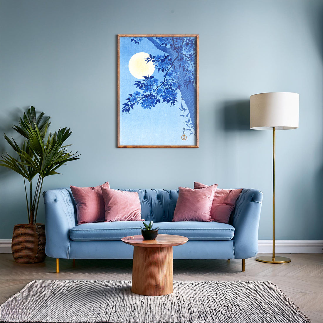 Ohara Koson: Blossoming Cherry on a Moonlit Night, 50x70cm Framed Art Reproduction With Black Frame