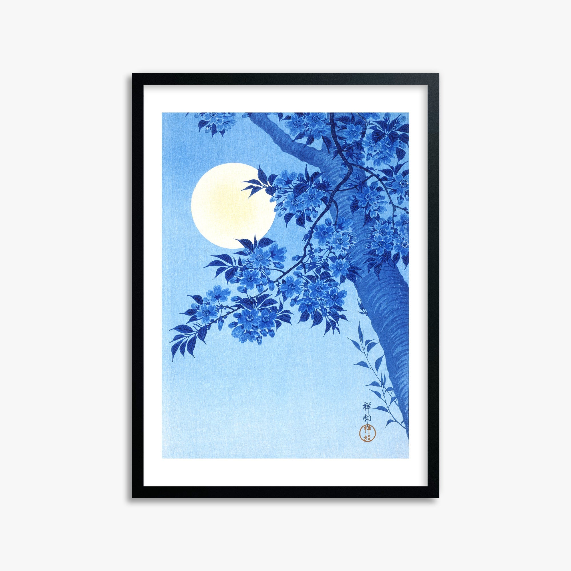 Ohara Koson: Blossoming Cherry on a Moonlit Night, 50x70cm Framed Art Reproduction With Black Frame