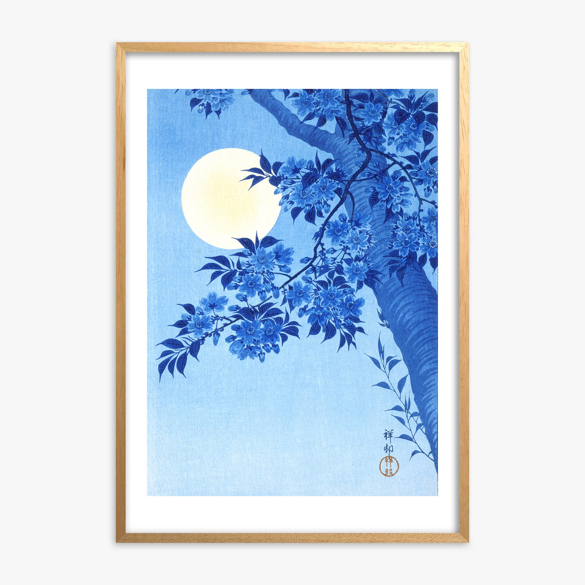 Ohara Koson: Blossoming Cherry on a Moonlit Night, 70x100cm Oak Framed Art Reproduction