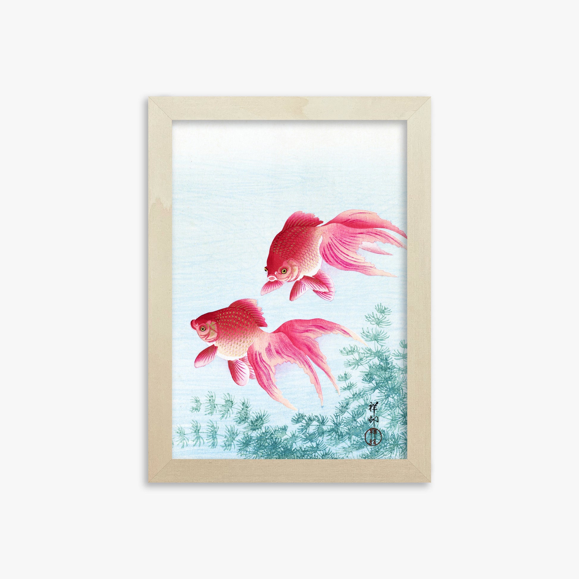 Ohara Koson: Two veil goldfish, 21x30cm Framed Art Reproduction With Lime Wood Frame