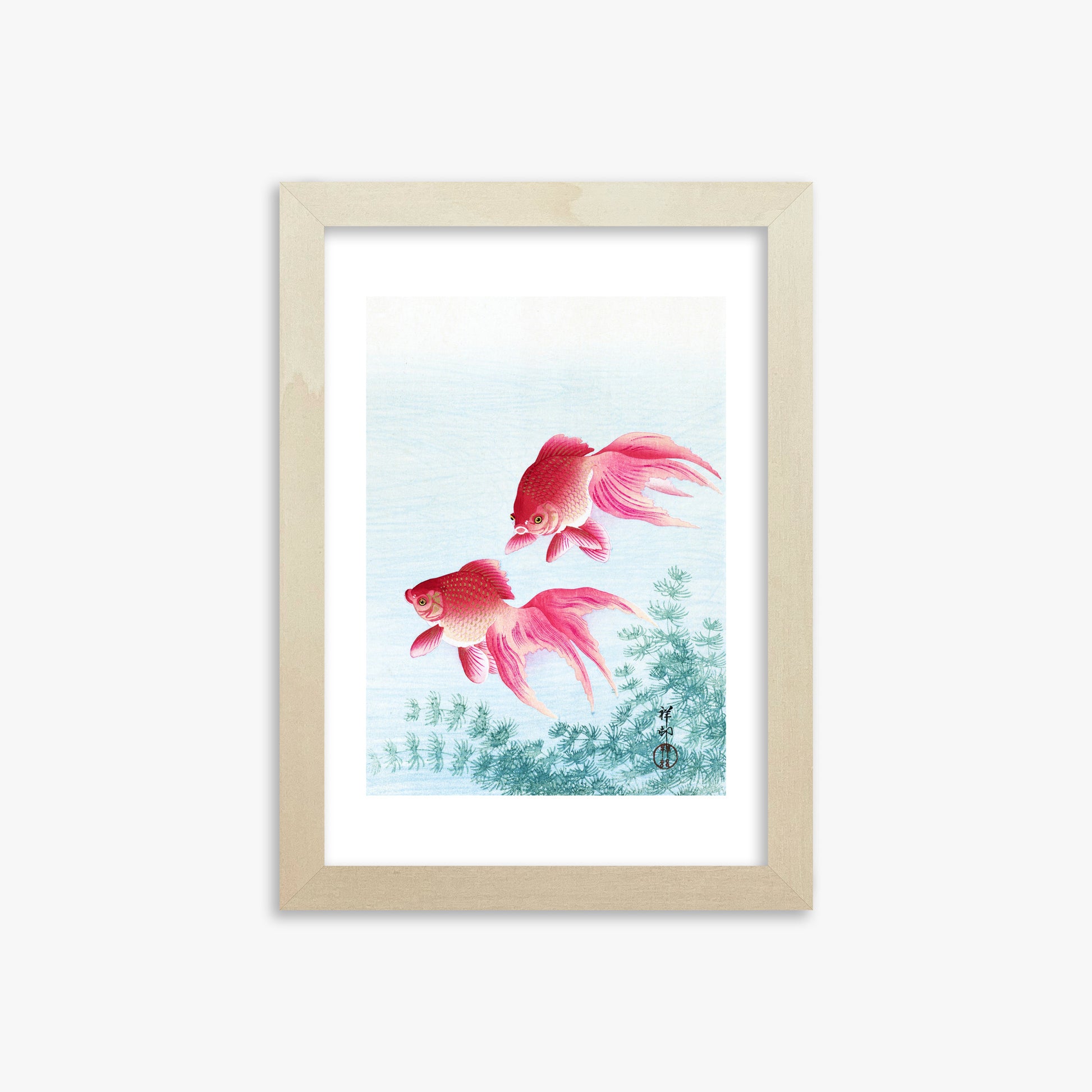 Ohara Koson: Two veil goldfish, 21x30cm Framed Art Reproduction With Lime Wood Frame