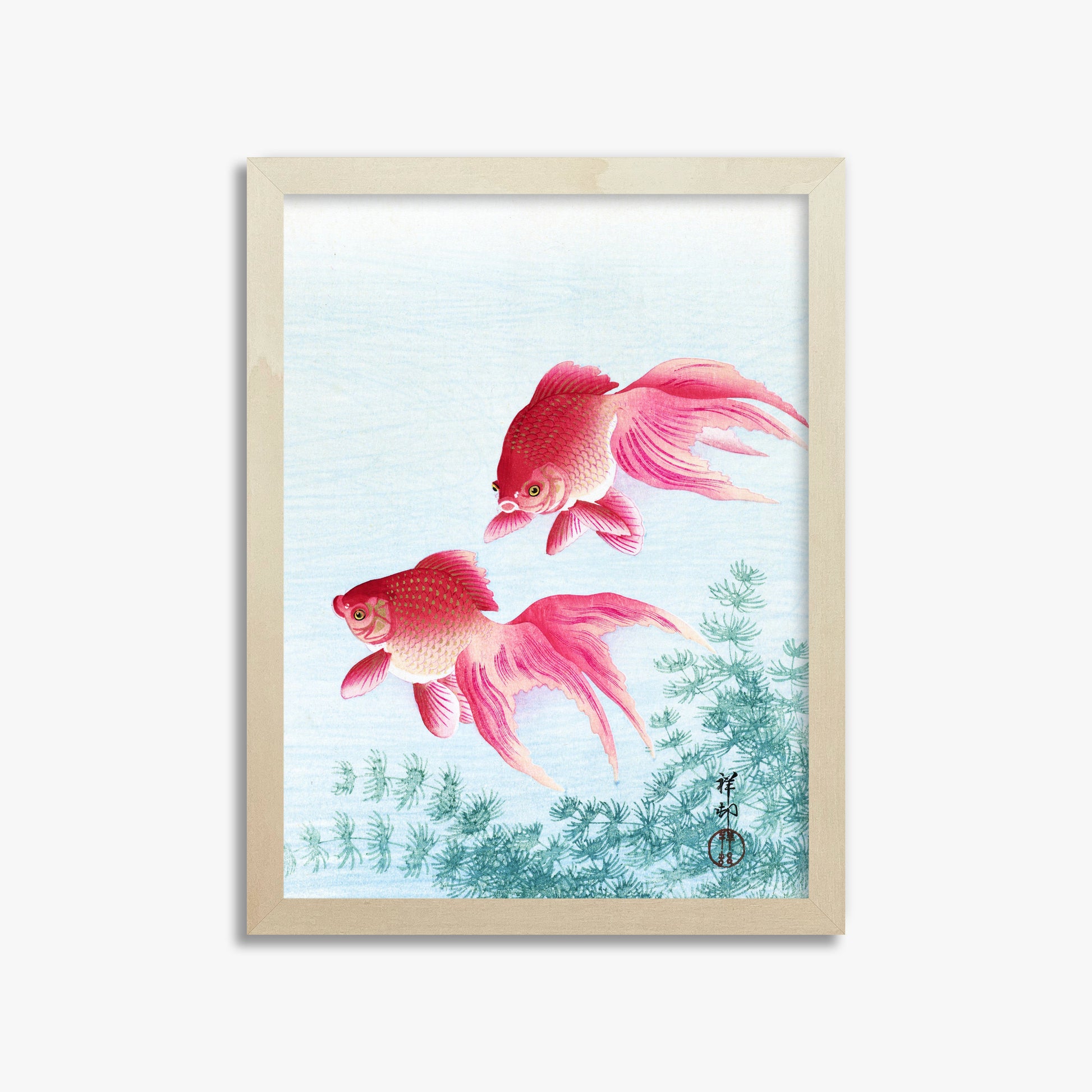 Ohara Koson: Two veil goldfish, 30x40cm Framed Art Reproduction With Lime Wood Frame