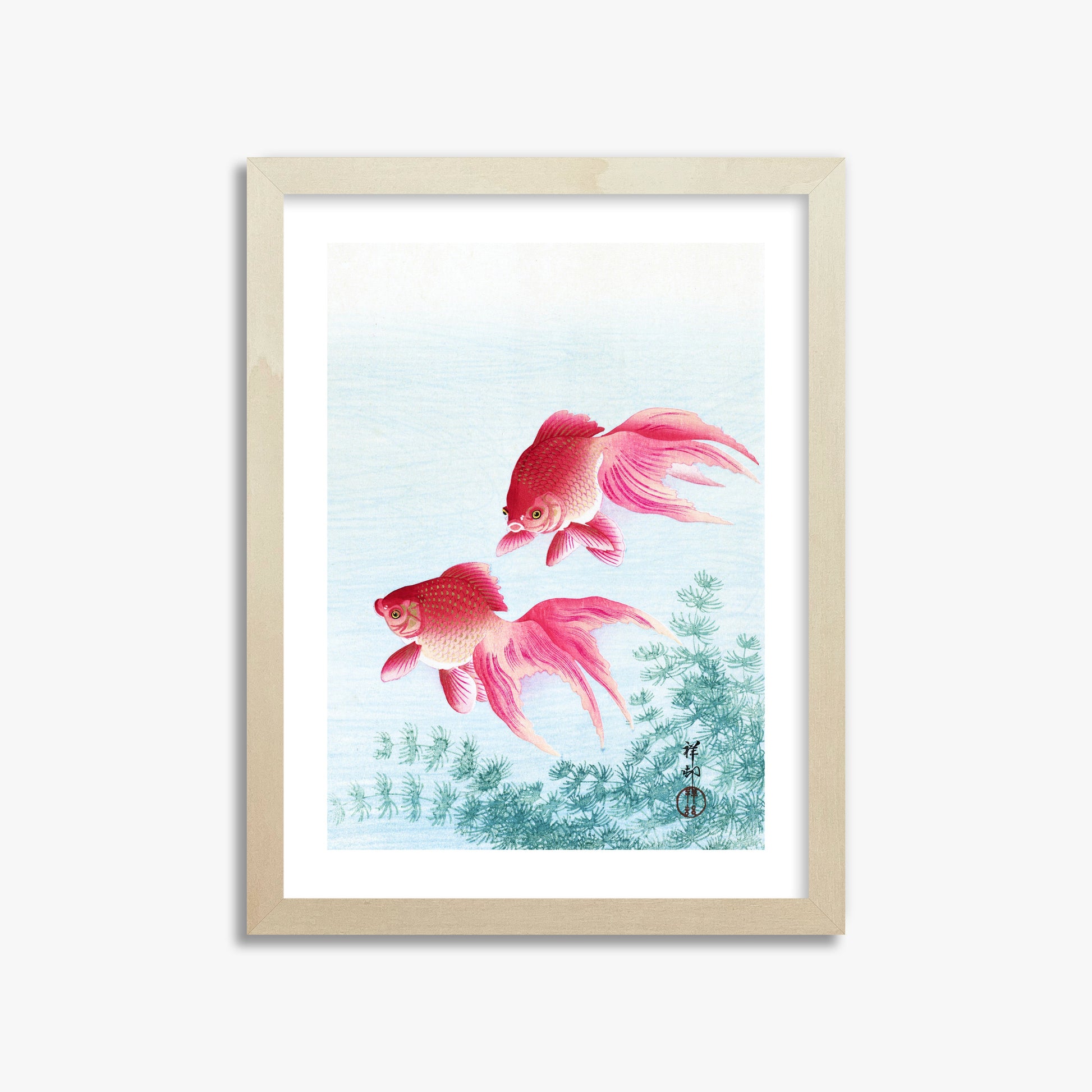 Ohara Koson: Two veil goldfish, 30x40cm Framed Art Reproduction With Lime Wood Frame