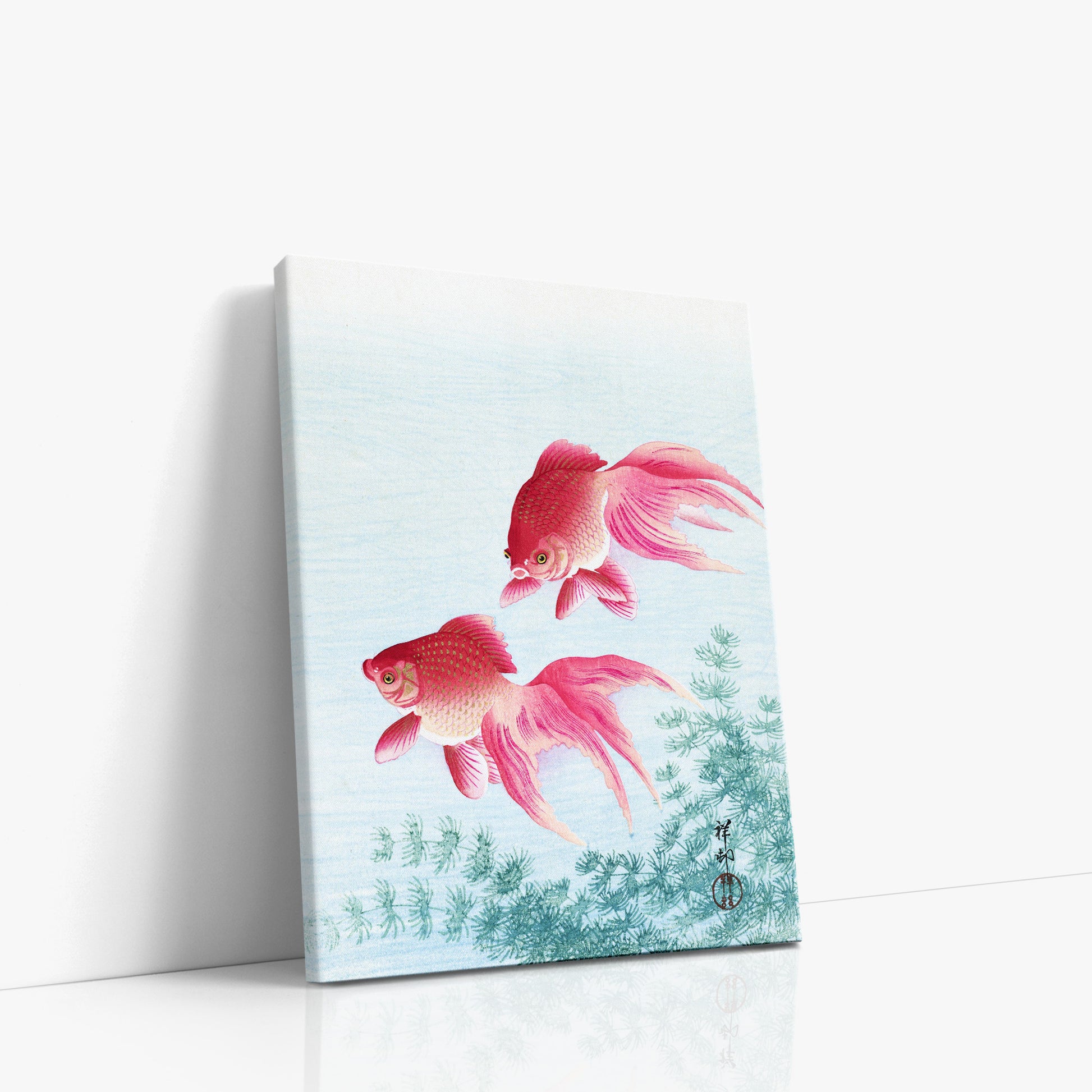 Ohara Koson: Two veil goldfish, 30x40cm Satin Canvas Art Reproduction Left Angle