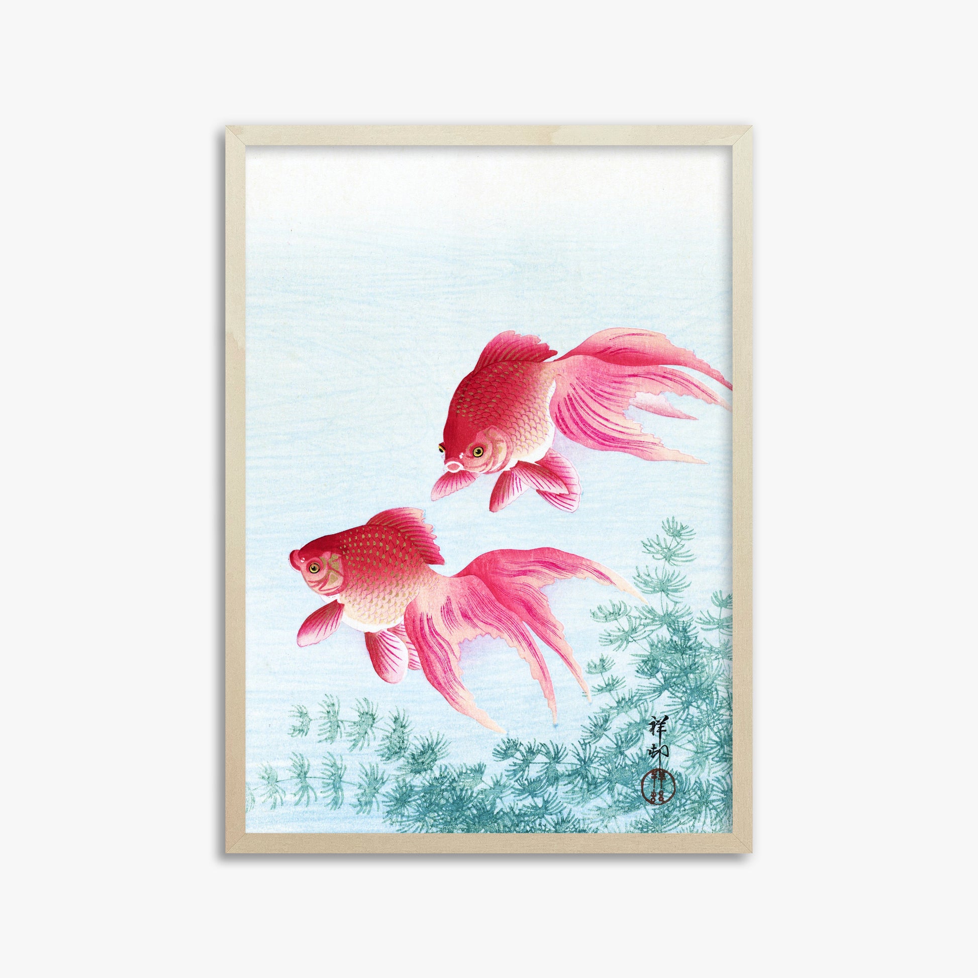Ohara Koson: Two veil goldfish, 50x70cm Framed Art Reproduction With Lime Wood Frame