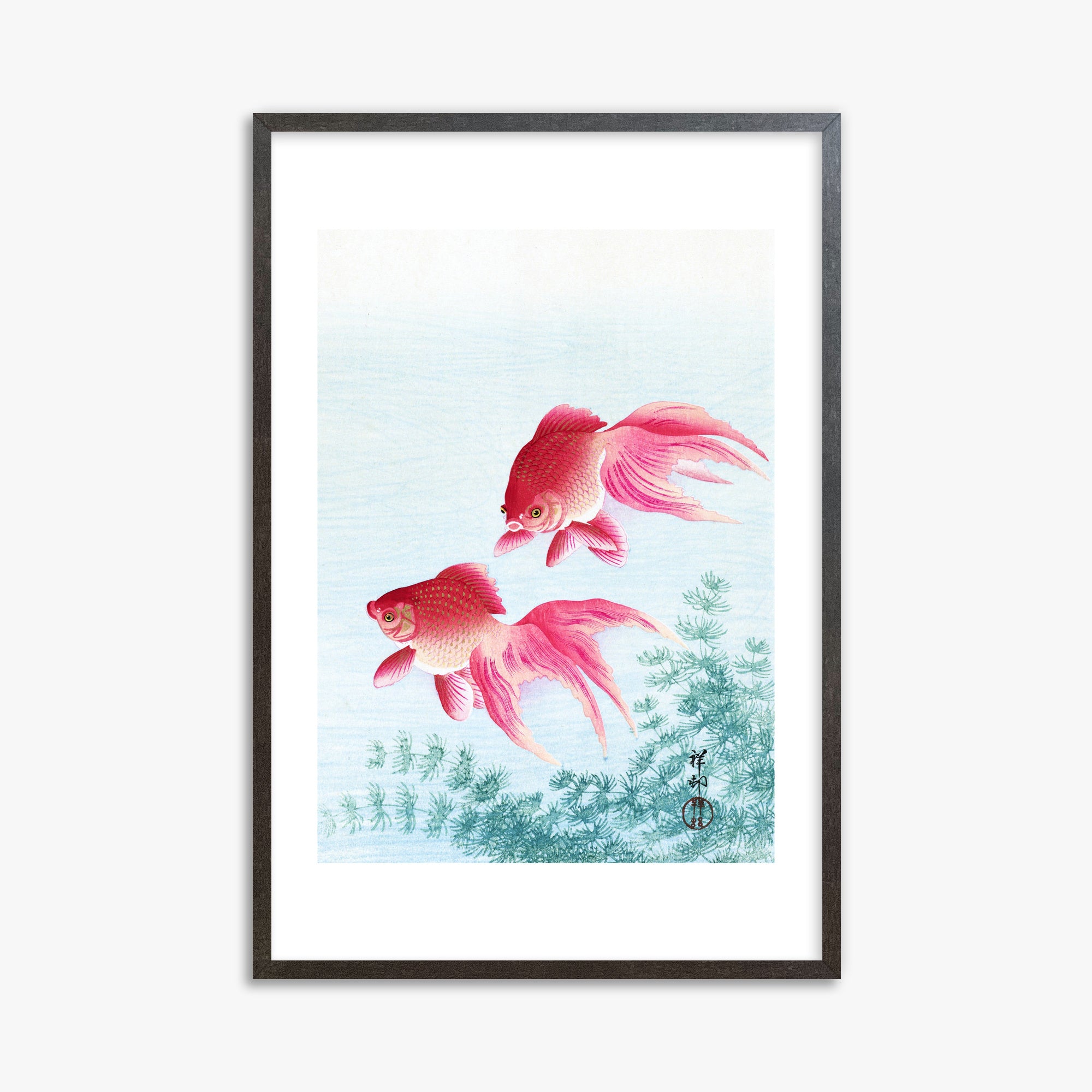 Ohara Koson: Two veil goldfish, 61x91cm Framed Art Reproduction With Espresso Frame