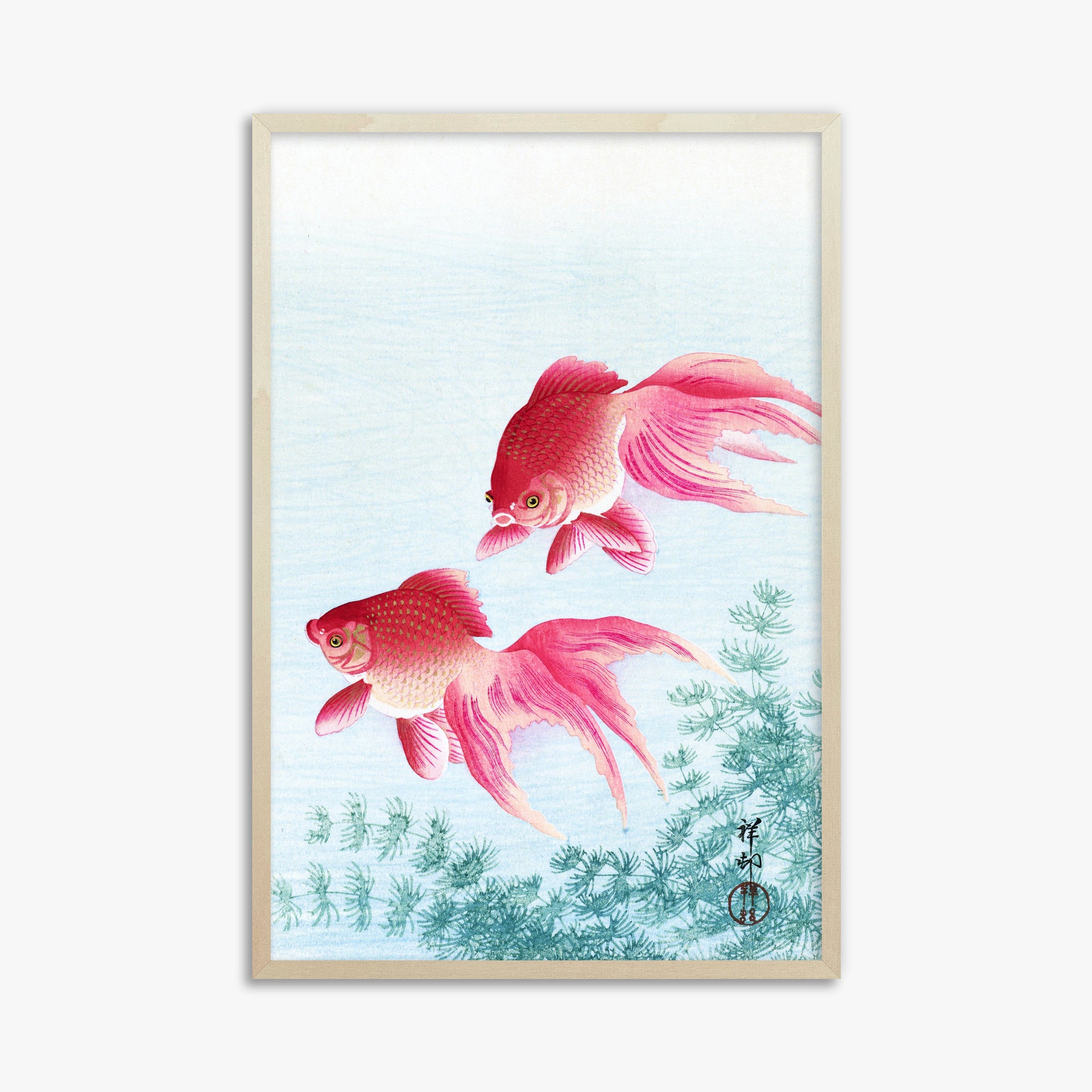 Ohara Koson: Two veil goldfish, 61x91cm Framed Art Reproduction With Lime Wood Frame