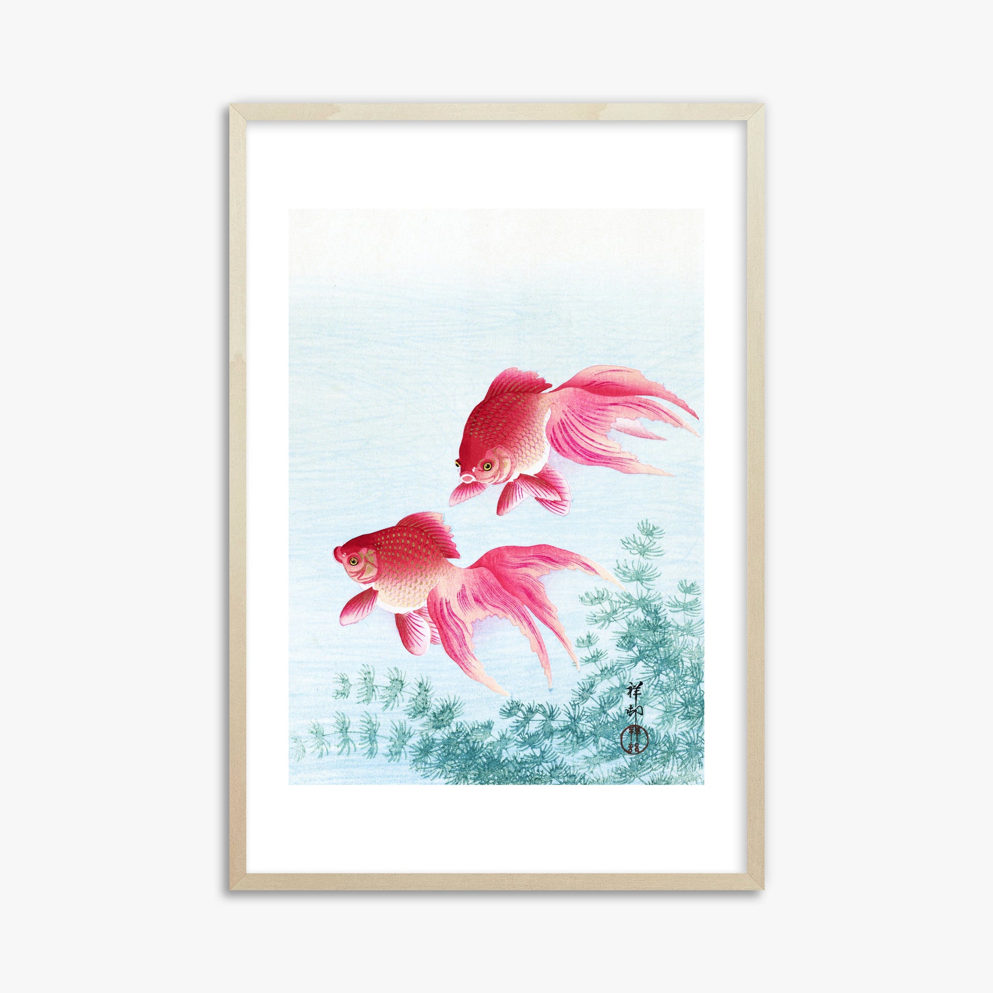 Ohara Koson: Two veil goldfish, 61x91cm Framed Art Reproduction With Lime Wood Frame