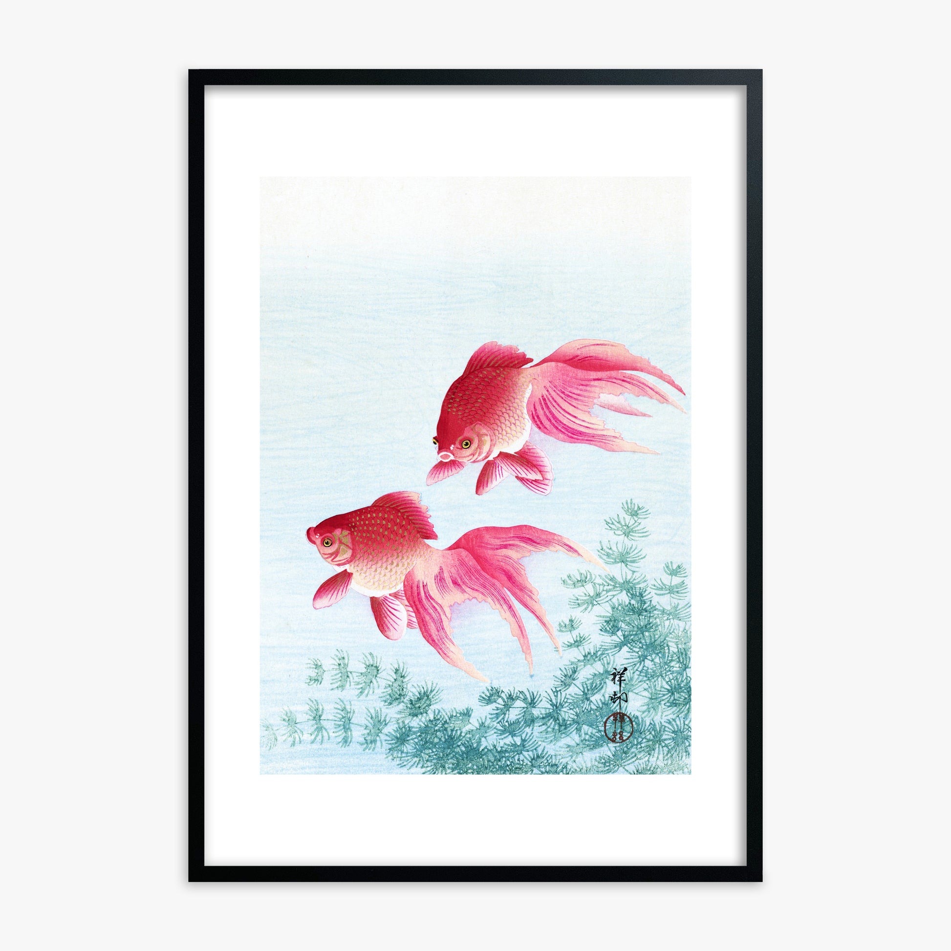 Ohara Koson: Two veil goldfish, Black Framed Art Reproduction With Black Frame