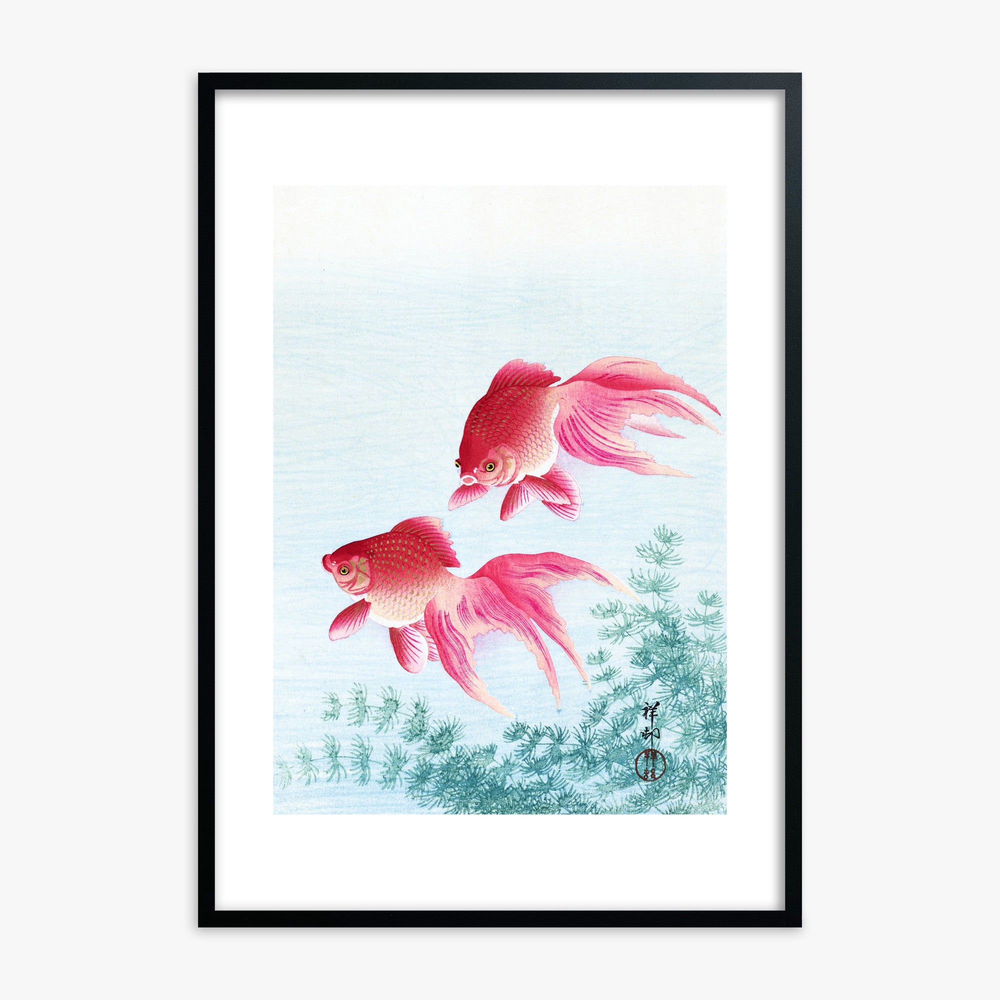 Ohara Koson: Two veil goldfish, Black Framed Art Reproduction With Black Frame
