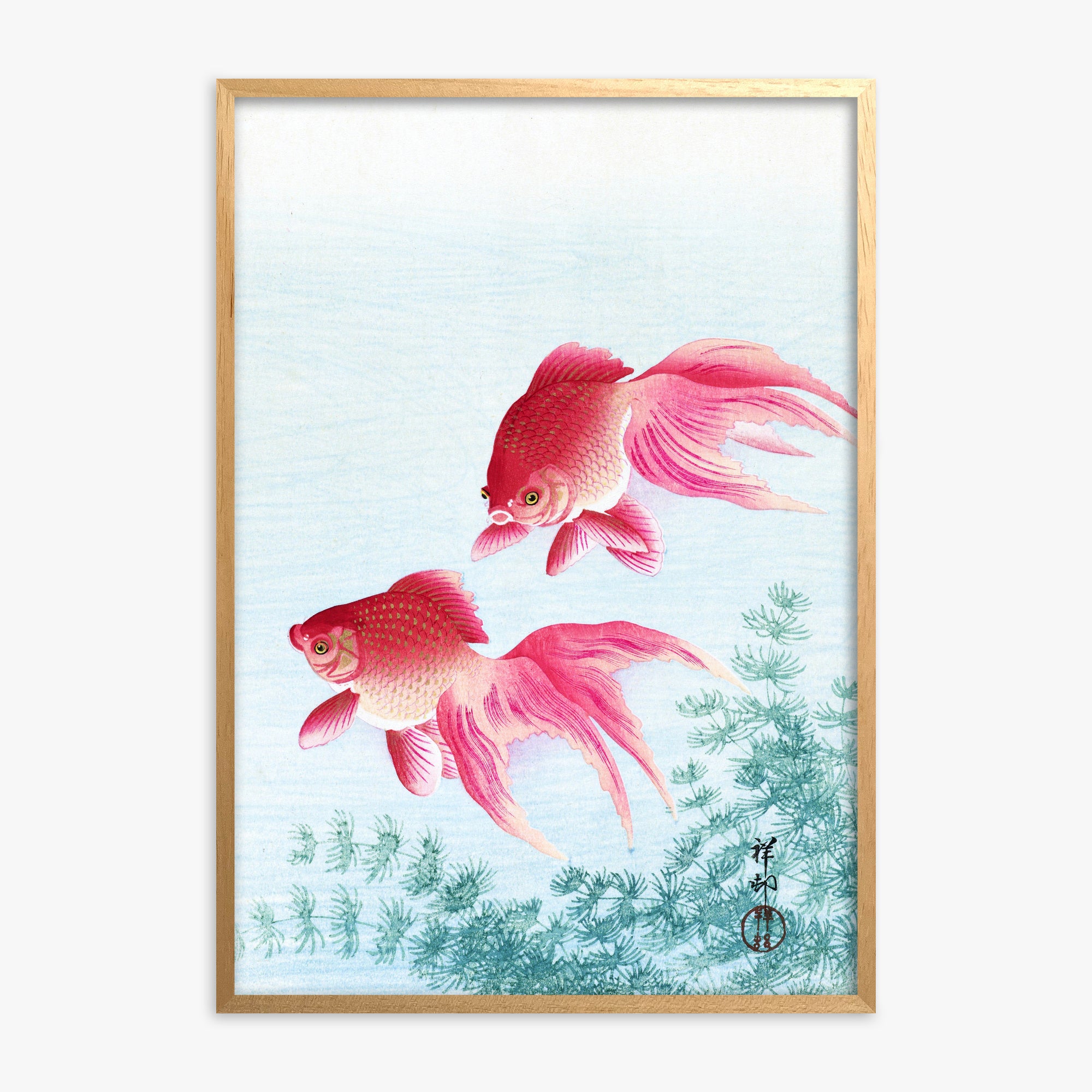 Ohara Koson: Two veil goldfish, Oak Framed Art Reproduction With Oak Frame
