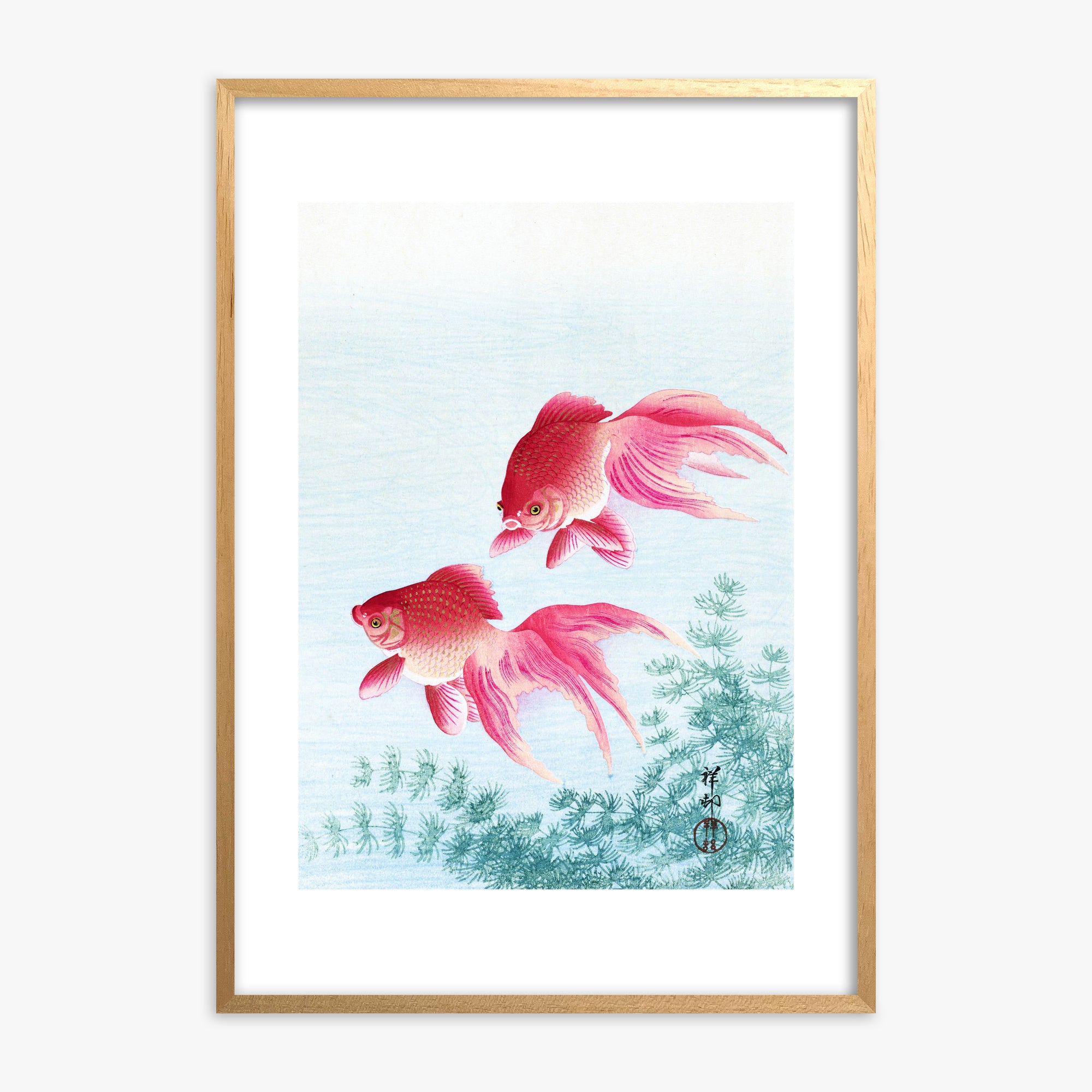 Ohara Koson: Two veil goldfish, Oak Framed Art Reproduction With Oak Frame