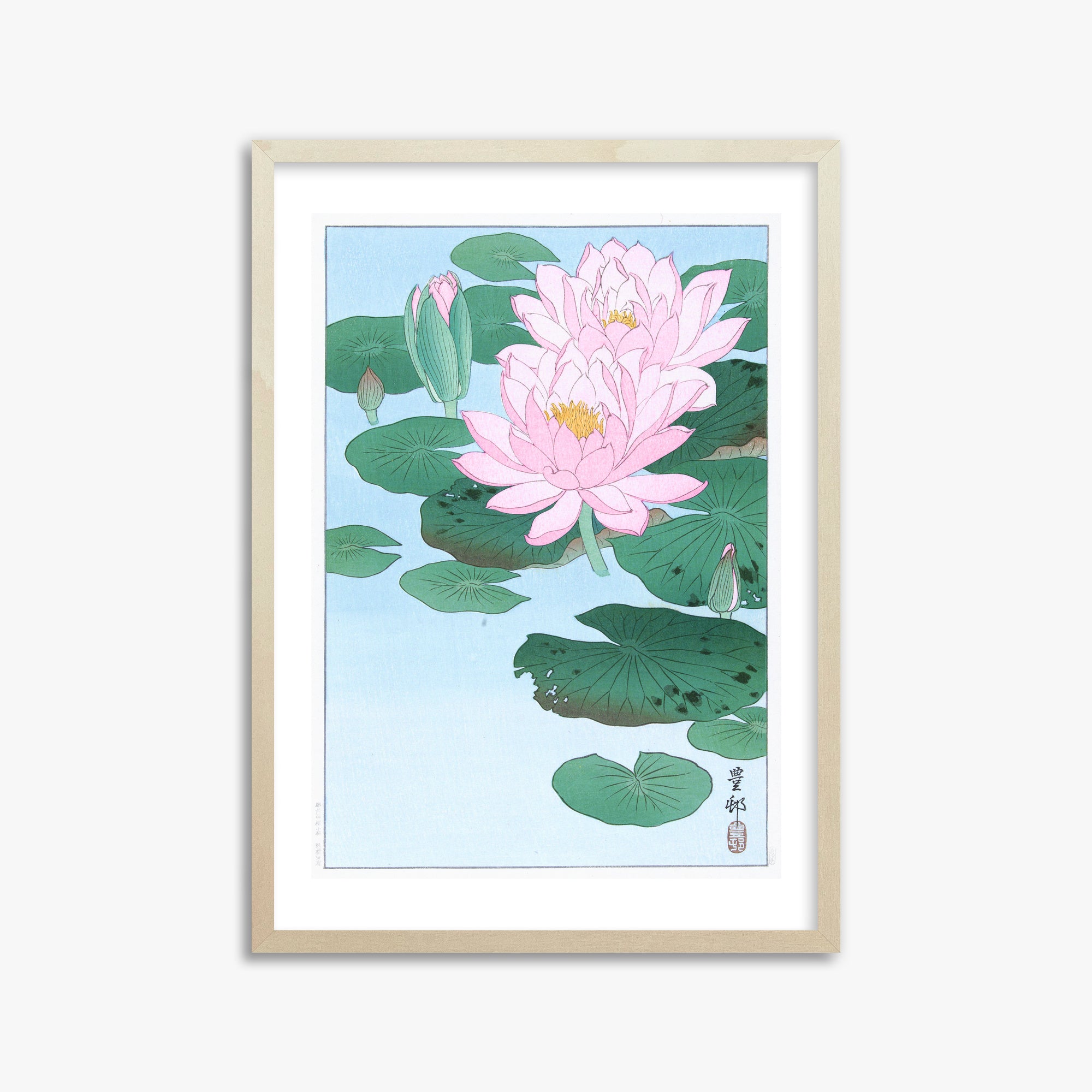 Ohara Koson: Water Lily, 50x70cm Framed Art Reproduction With Lime Wood Frame