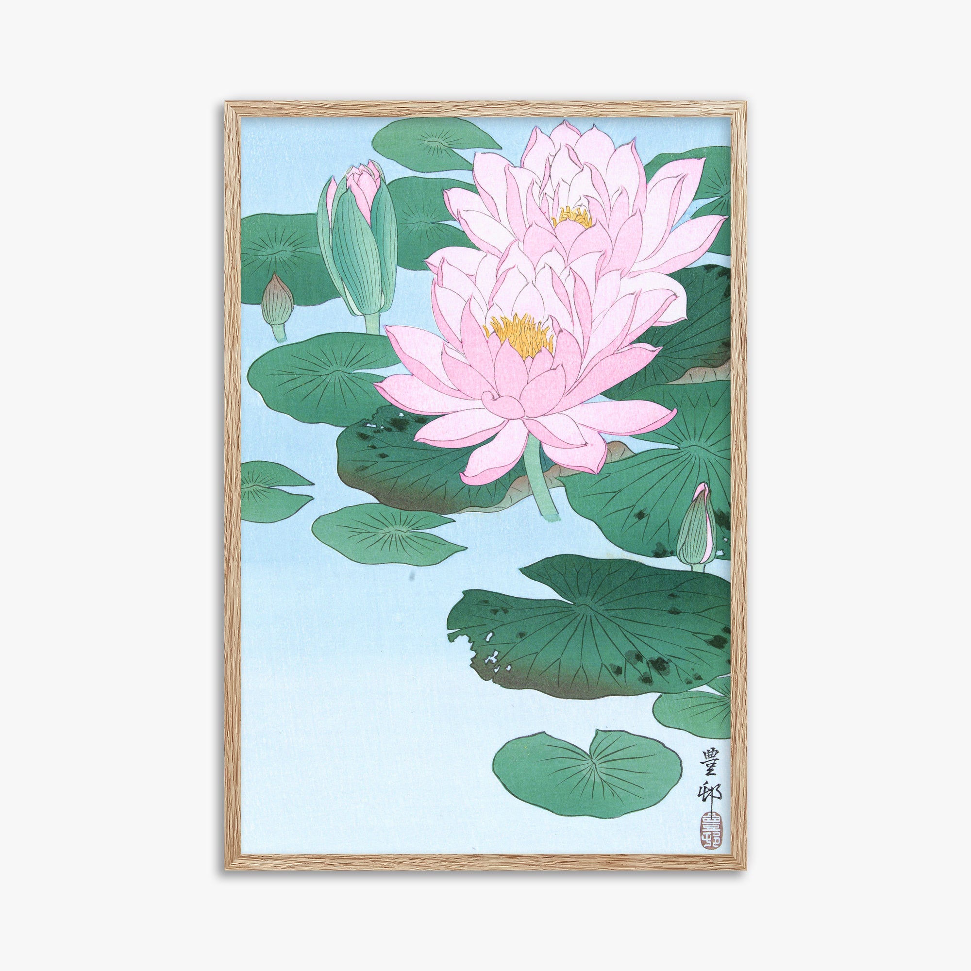 Ohara Koson: Water Lily, 61x91cm Framed Art Reproduction With Raw Oak Frame
