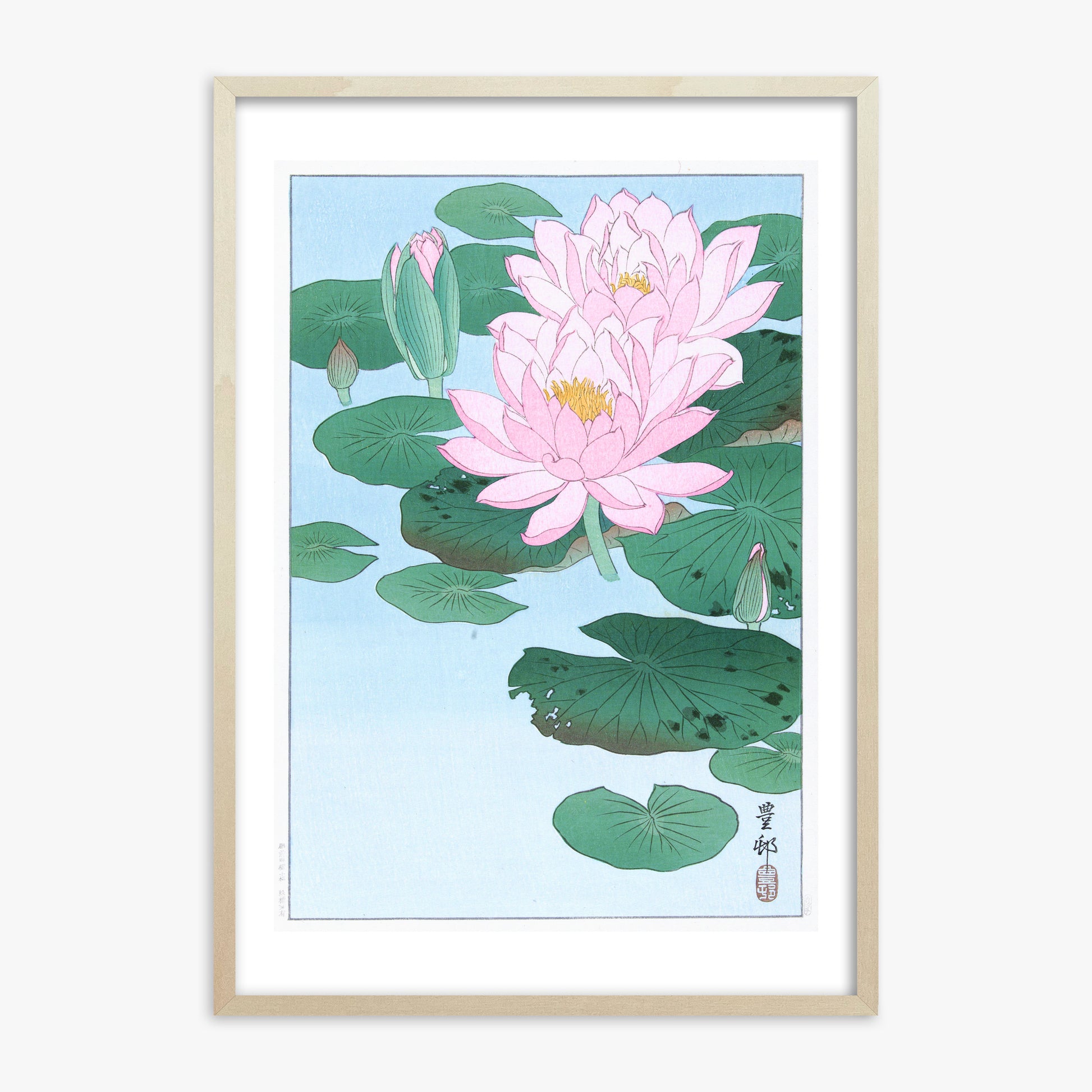 Ohara Koson: Water Lily, 70x100cm Framed Art Reproduction With Lime Wood Frame