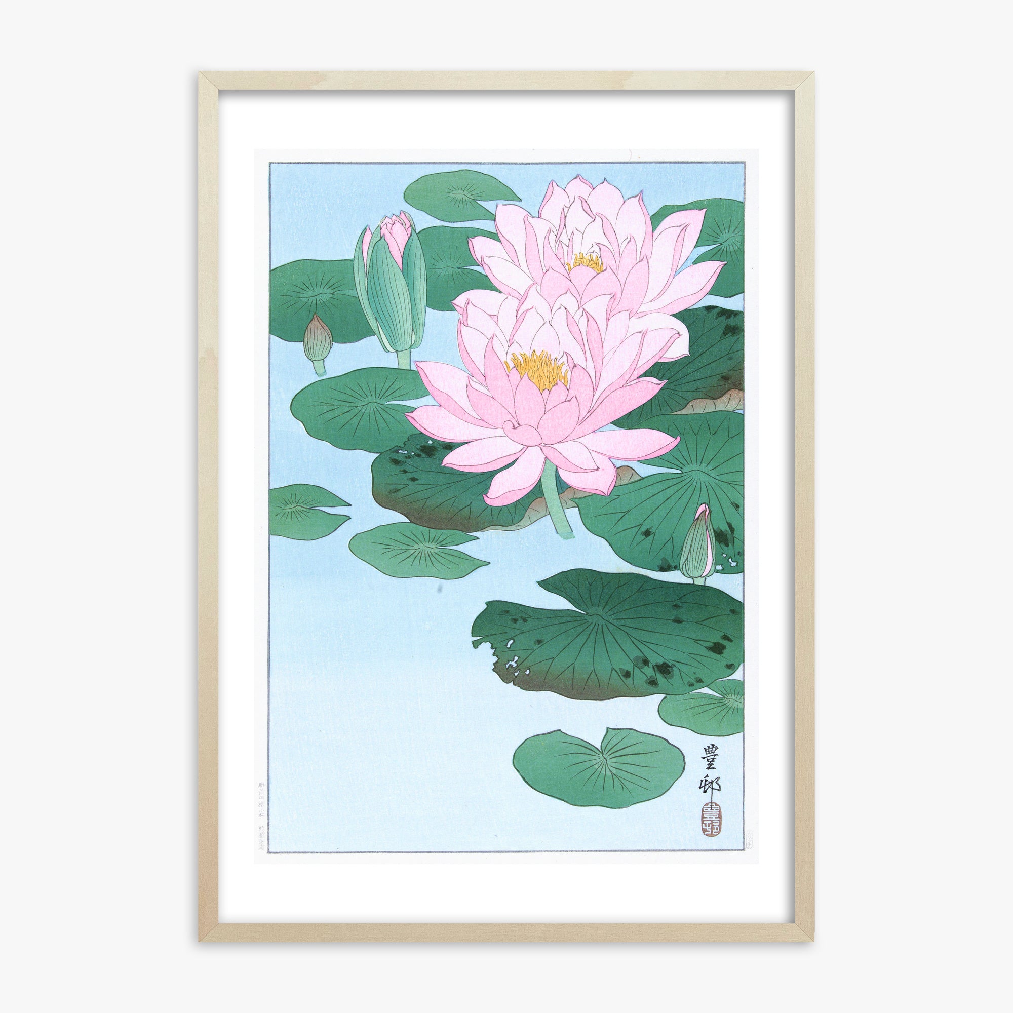 Ohara Koson: Water Lily, 70x100cm Framed Art Reproduction With Lime Wood Frame