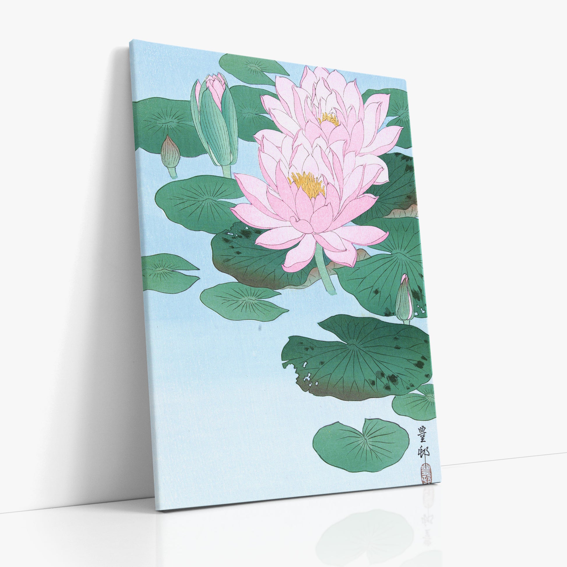 Ohara Koson: Water Lily, 70x100cm Satin Canvas Art Reproduction Left Angle