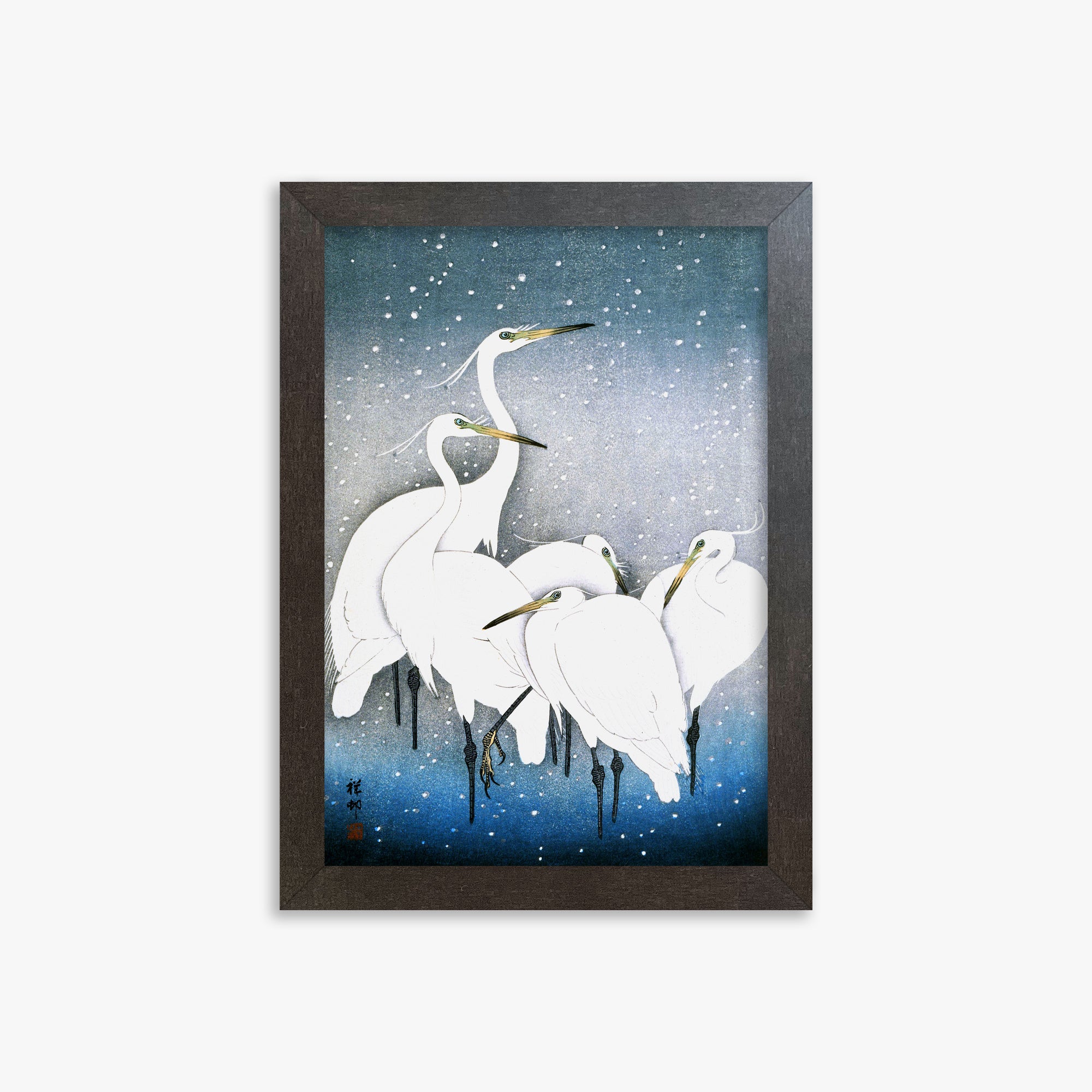 Ohara Koson: Egrets in the Snow, 21x30cm Framed Art Reproduction With Espresso Frame