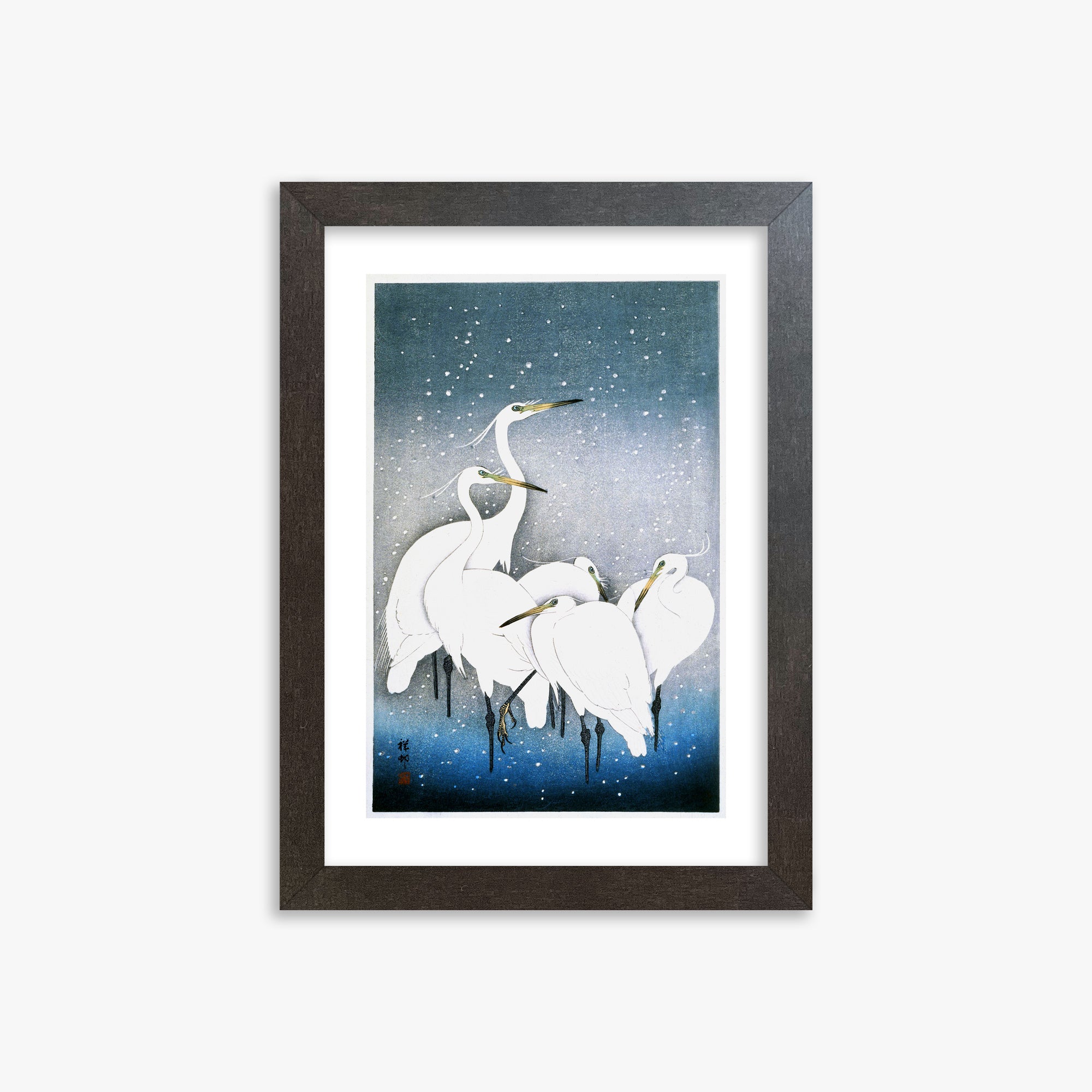 Ohara Koson: Egrets in the Snow, 21x30cm Framed Art Reproduction With Espresso Frame