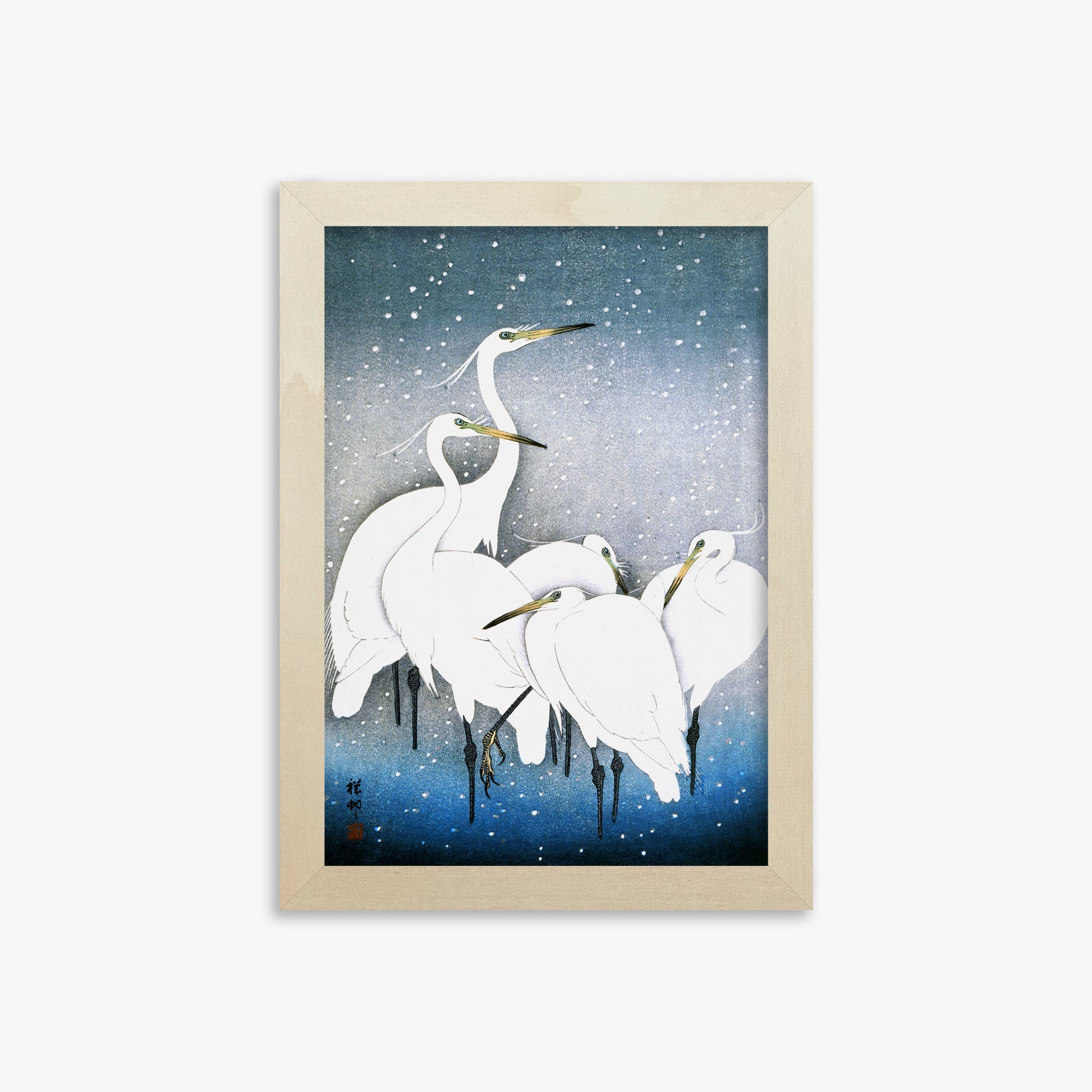 Ohara Koson: Egrets in the Snow, 21x30cm Framed Art Reproduction With Lime Wood Frame