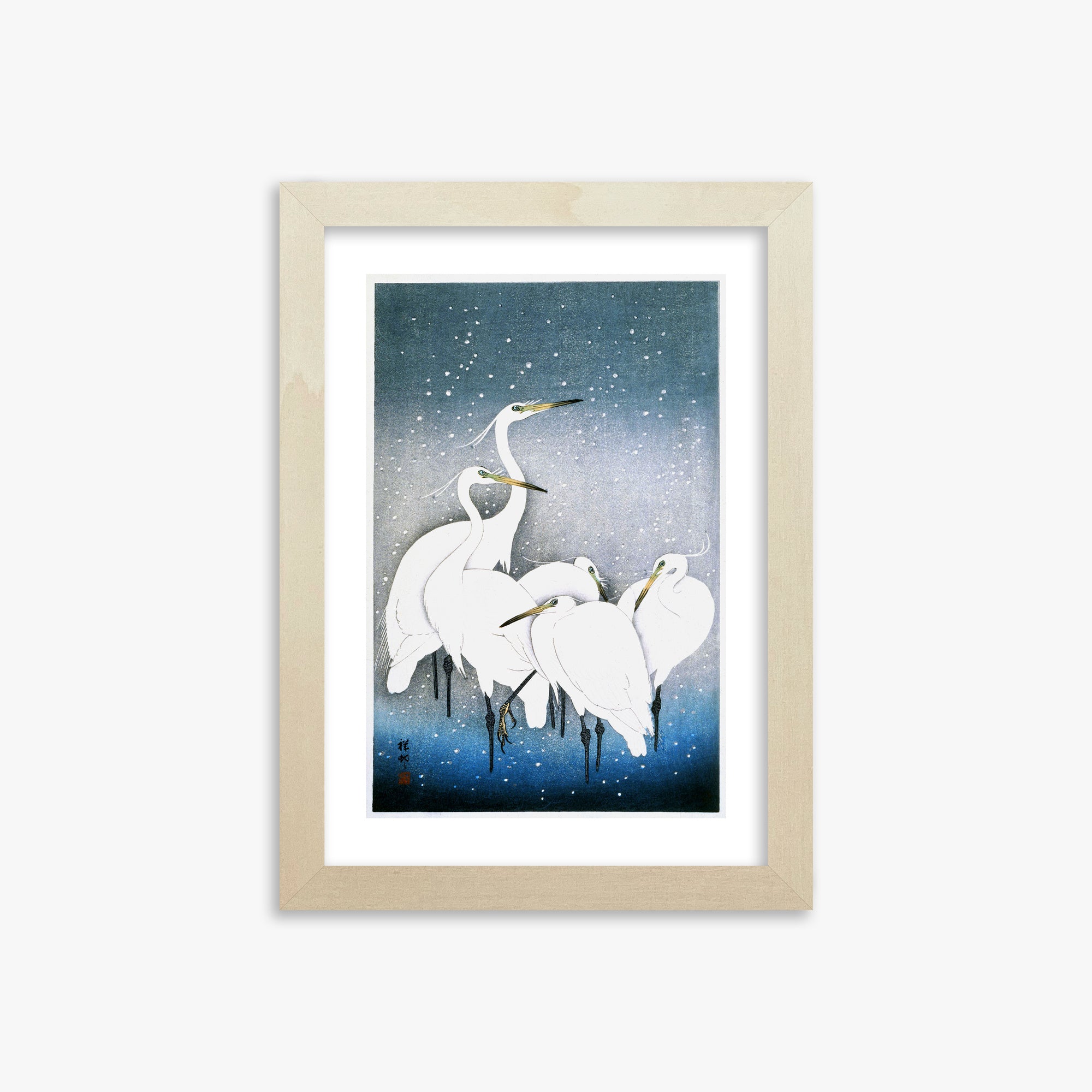 Ohara Koson: Egrets in the Snow, 21x30cm Framed Art Reproduction With Lime Wood Frame
