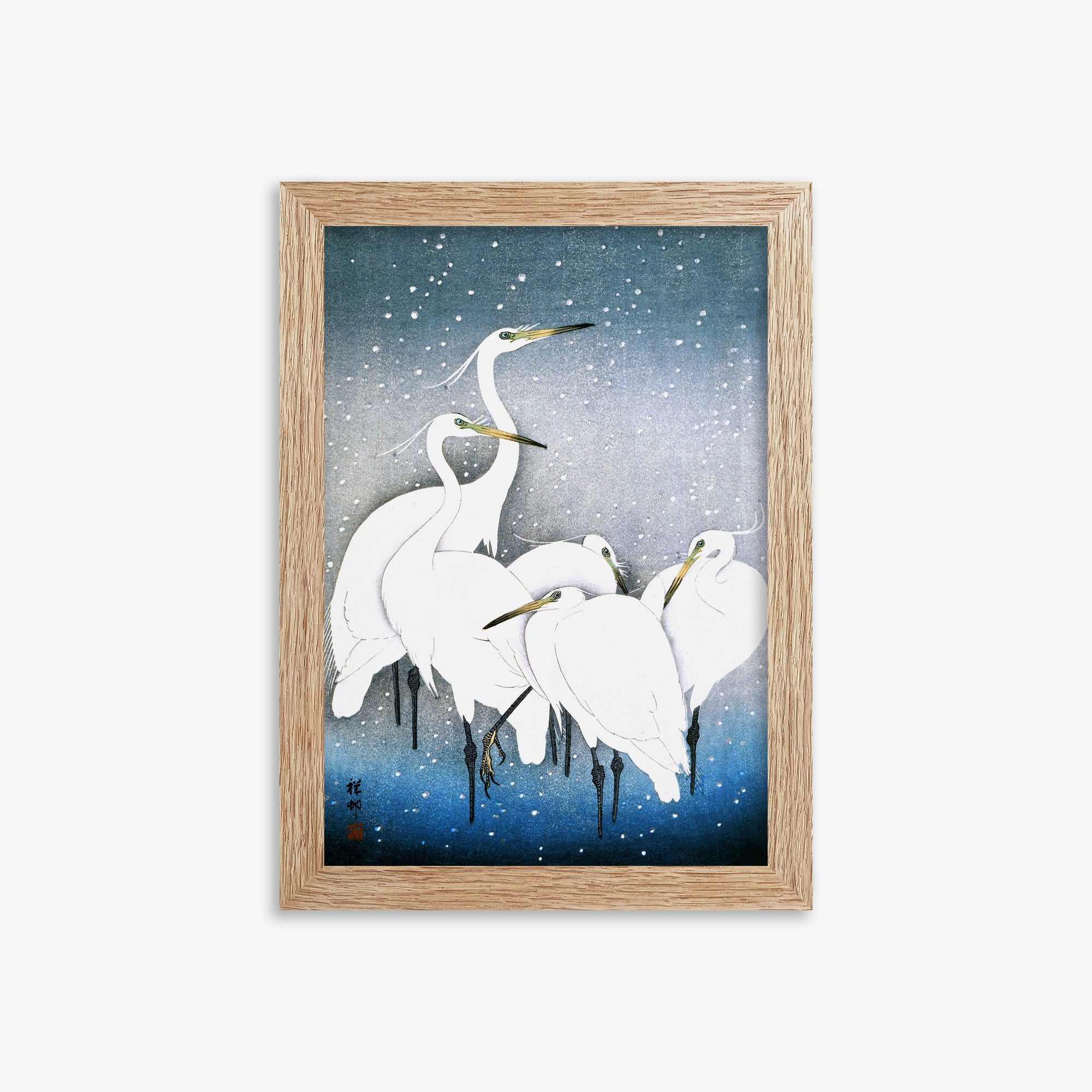 Ohara Koson: Egrets in the Snow, 21x30cm Framed Art Reproduction With Raw Oak Frame