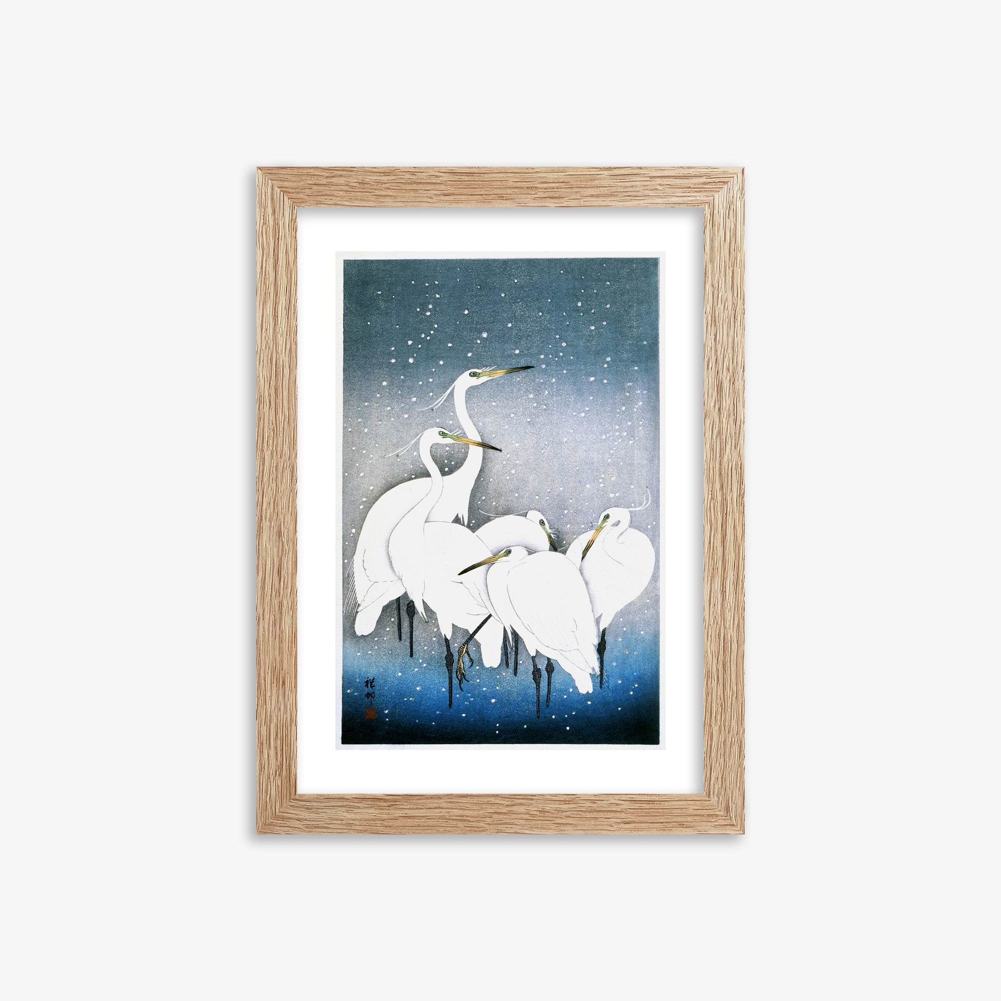Ohara Koson: Egrets in the Snow, 21x30cm Framed Art Reproduction With Raw Oak Frame