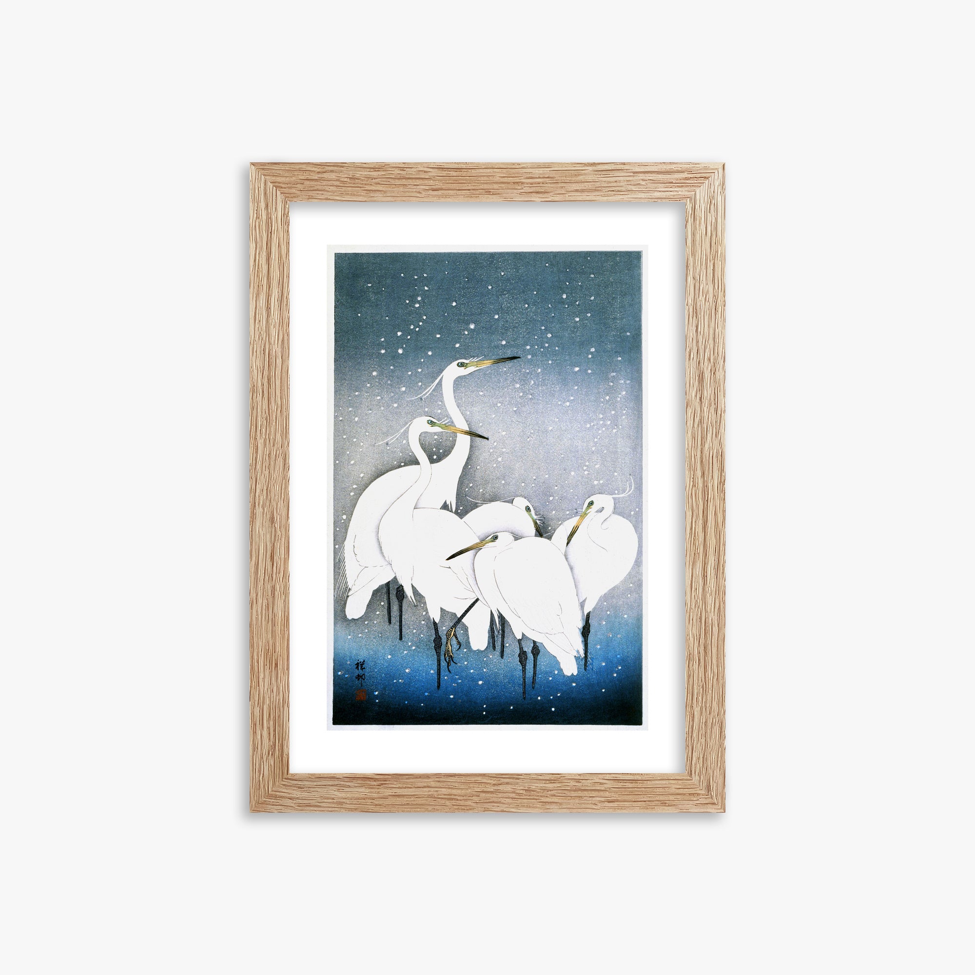 Ohara Koson: Egrets in the Snow, 21x30cm Framed Art Reproduction With Raw Oak Frame