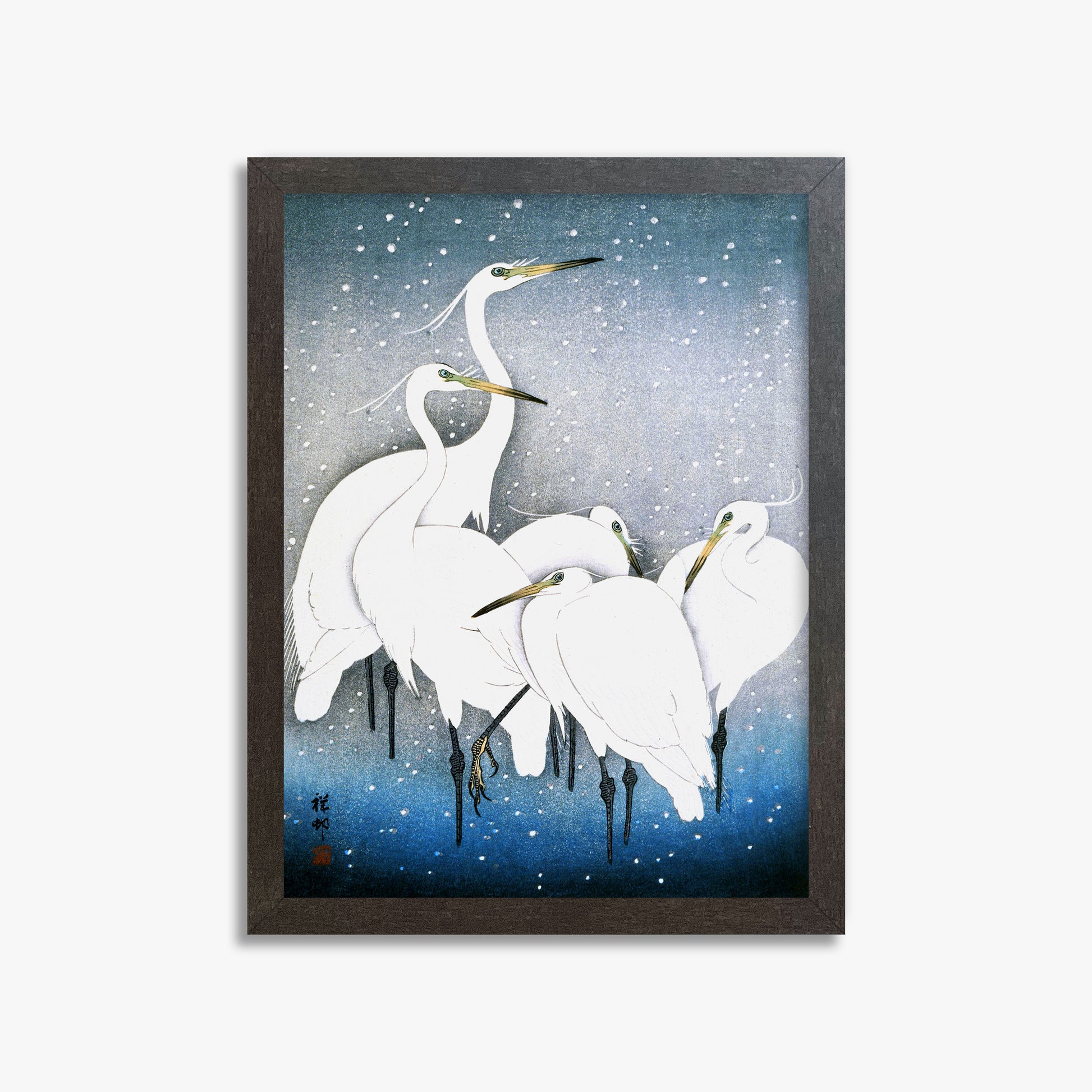 Ohara Koson: Egrets in the Snow, 30x40cm Framed Art Reproduction With Espresso Frame