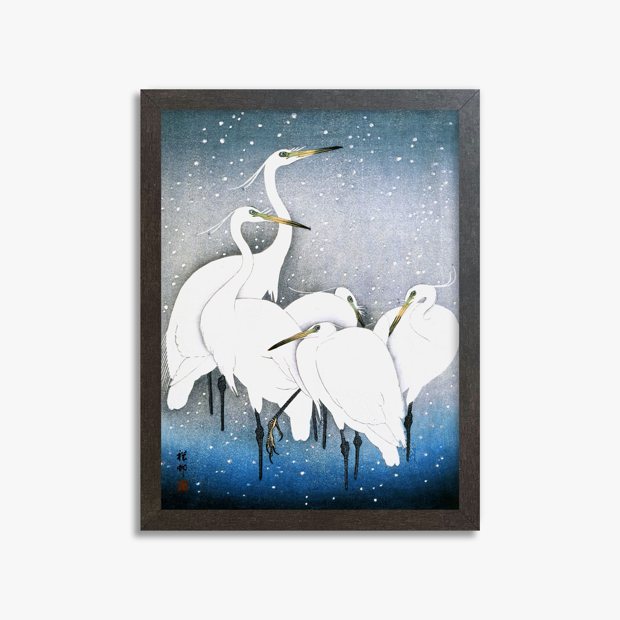 Ohara Koson: Egrets in the Snow, 30x40cm Framed Art Reproduction With Espresso Frame