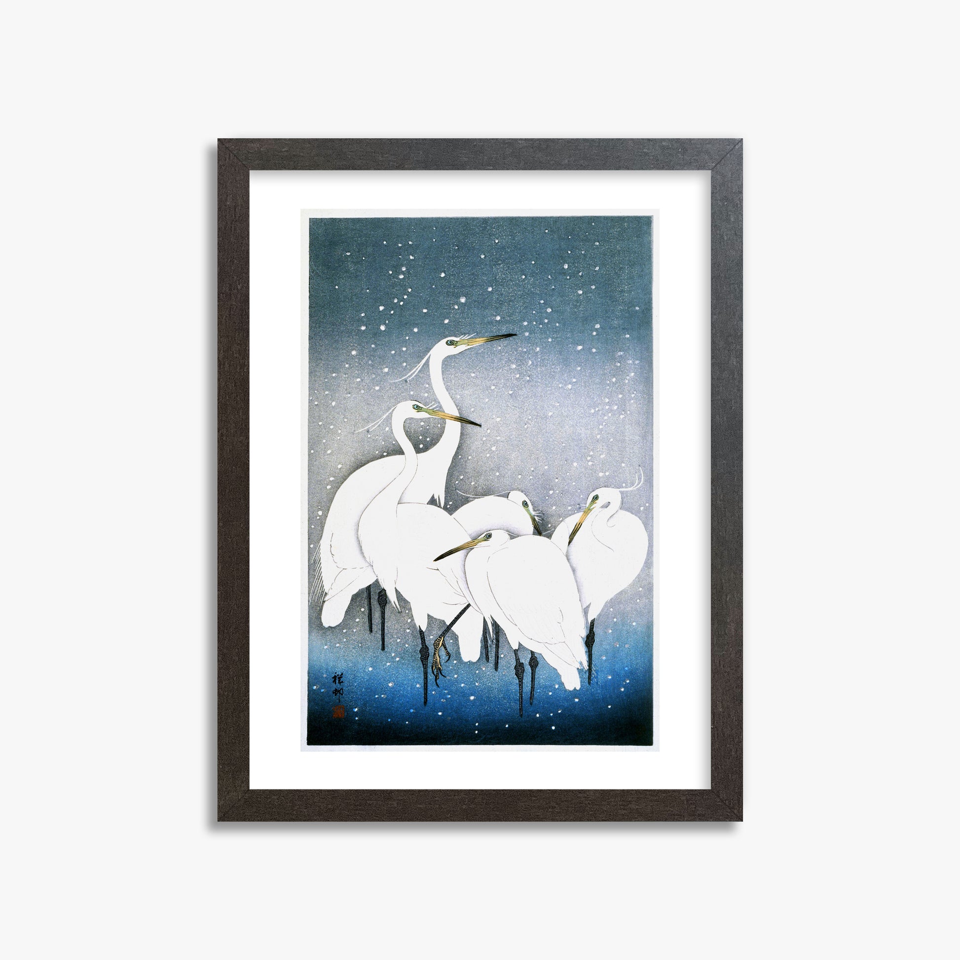 Ohara Koson: Egrets in the Snow, 30x40cm Framed Art Reproduction With Espresso Frame