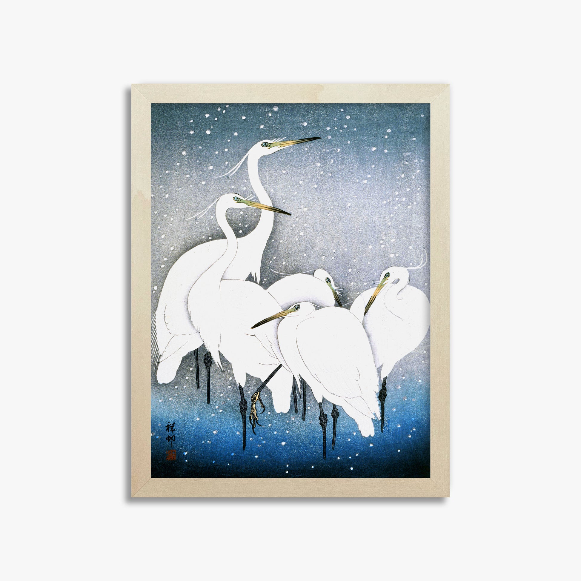 Ohara Koson: Egrets in the Snow, 30x40cm Framed Art Reproduction With Lime Wood Frame