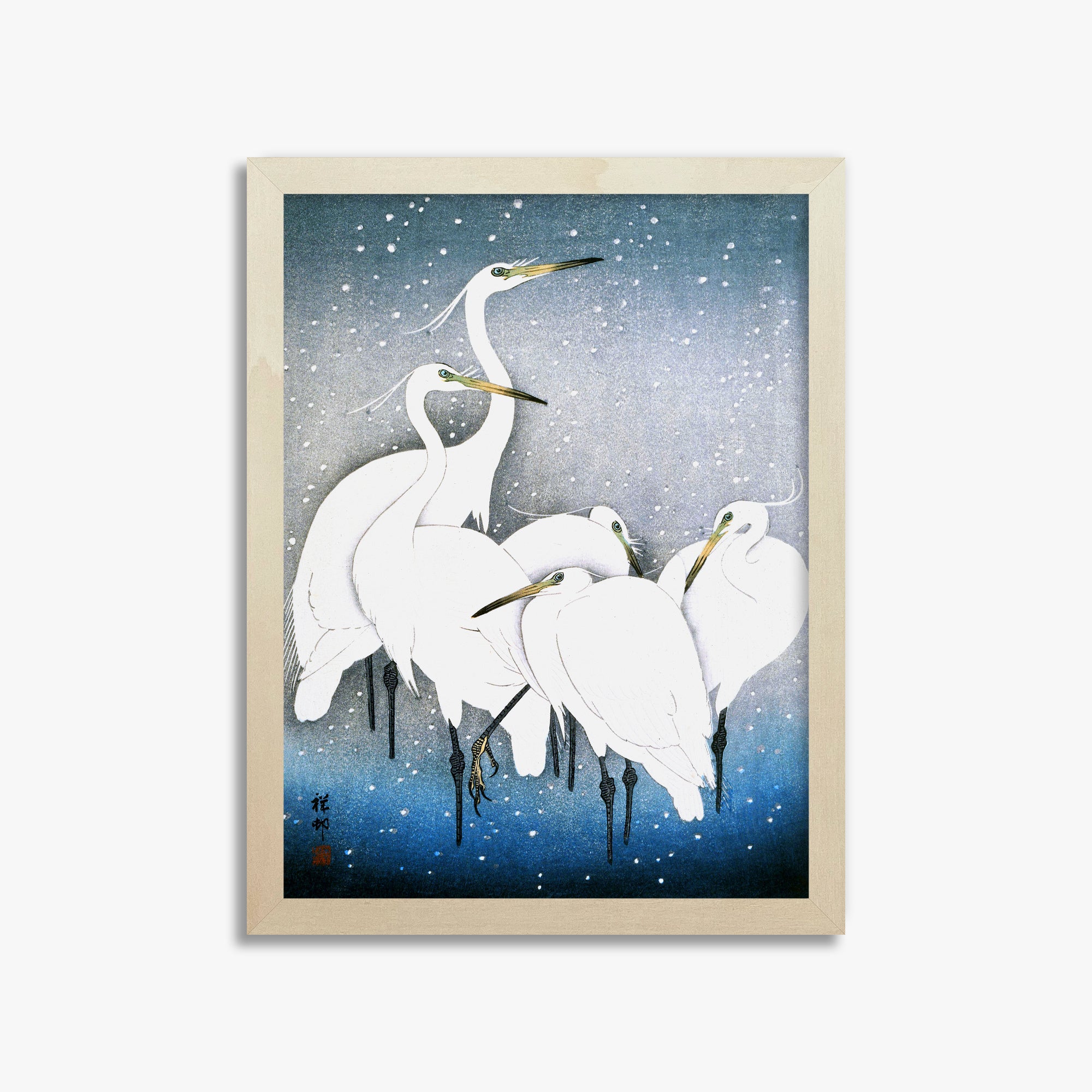 Ohara Koson: Egrets in the Snow, 30x40cm Framed Art Reproduction With Lime Wood Frame