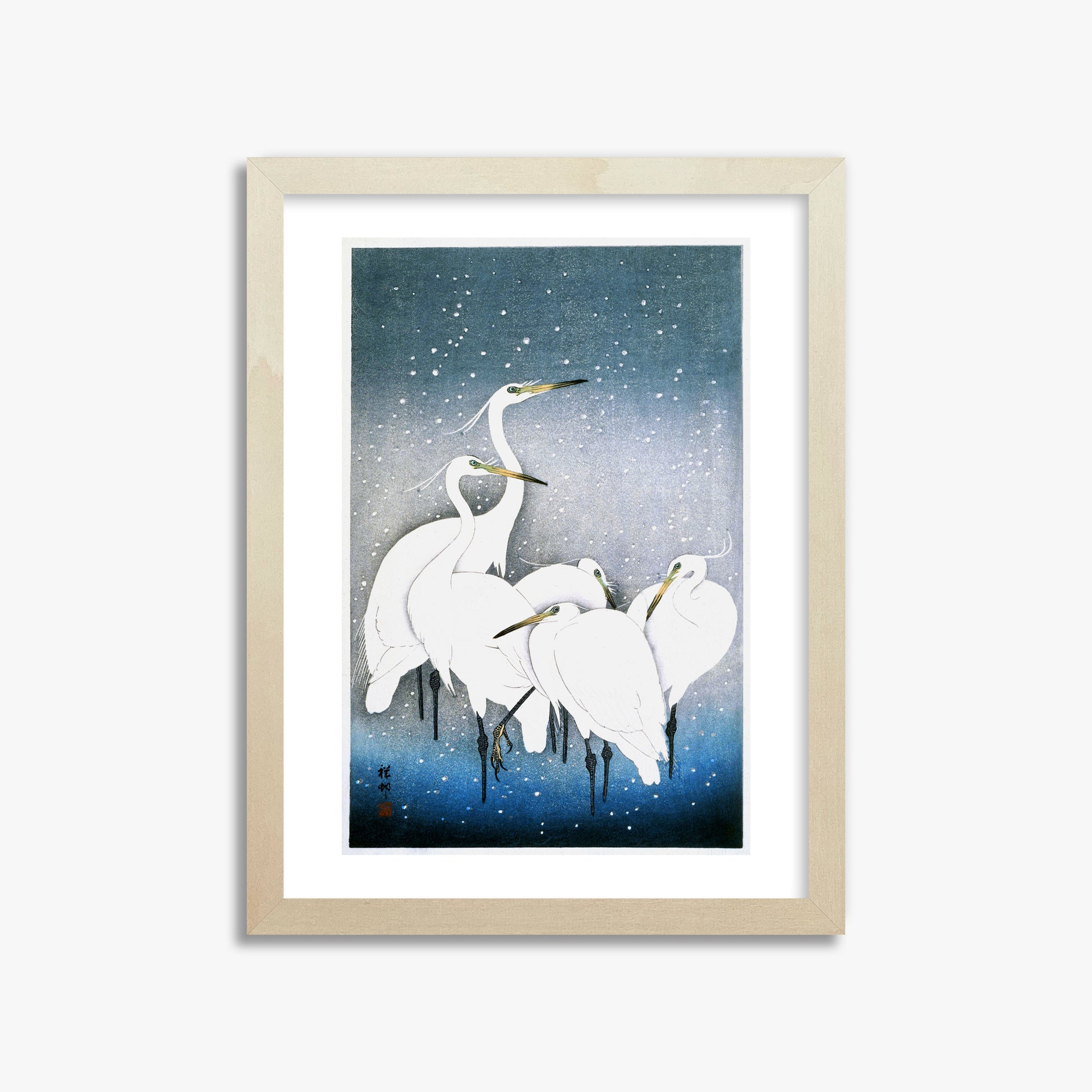 Ohara Koson: Egrets in the Snow, 30x40cm Framed Art Reproduction With Lime Wood Frame