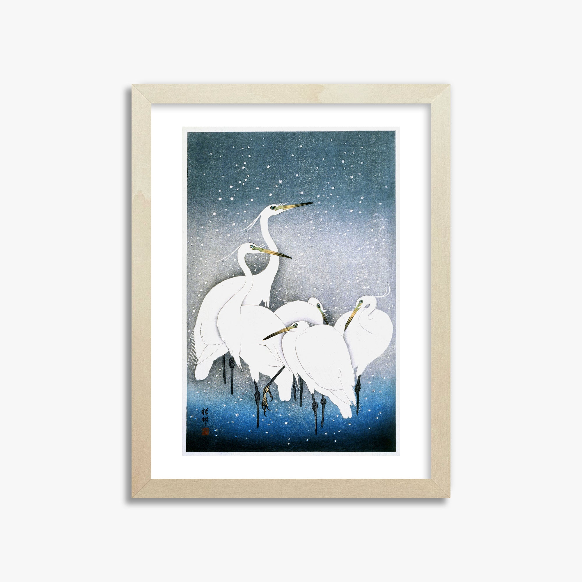 Ohara Koson: Egrets in the Snow, 30x40cm Framed Art Reproduction With Lime Wood Frame
