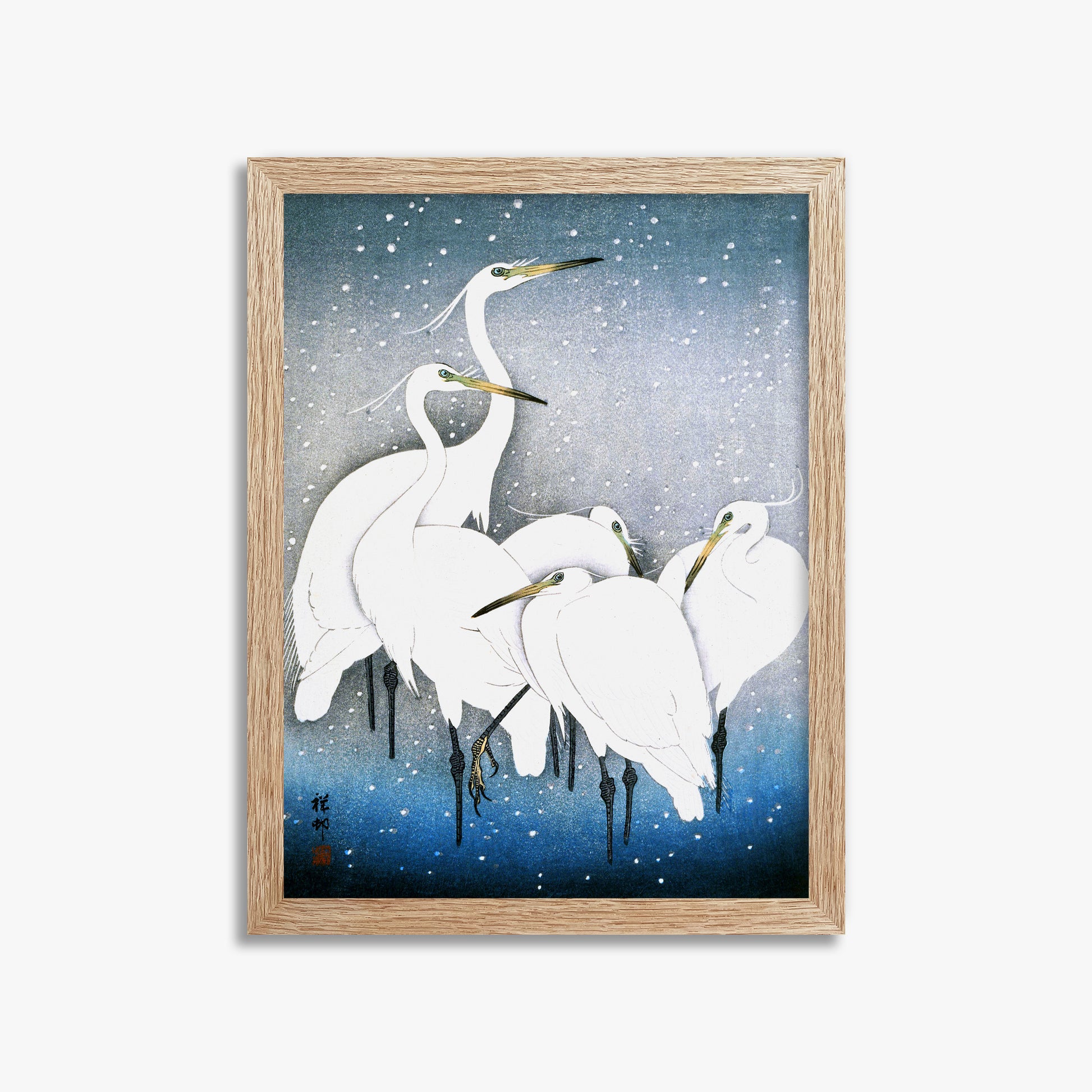 Ohara Koson: Egrets in the Snow, 30x40cm Framed Art Reproduction With Raw Oak Frame