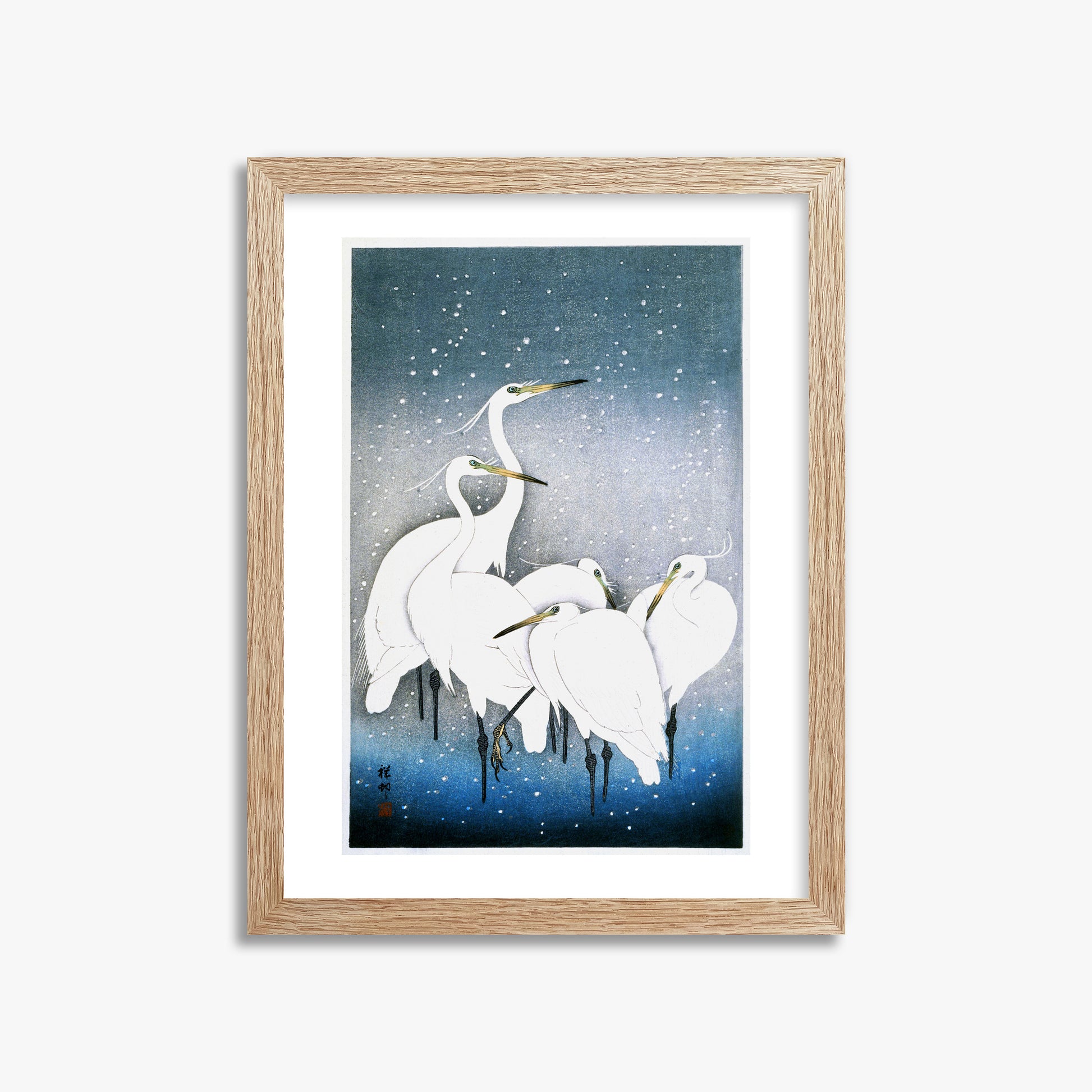 Ohara Koson: Egrets in the Snow, 30x40cm Framed Art Reproduction With Raw Oak Frame