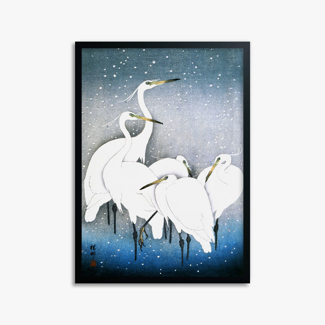 Ohara Koson: Egrets in the Snow, 50x70cm Framed Art Reproduction With Black Frame