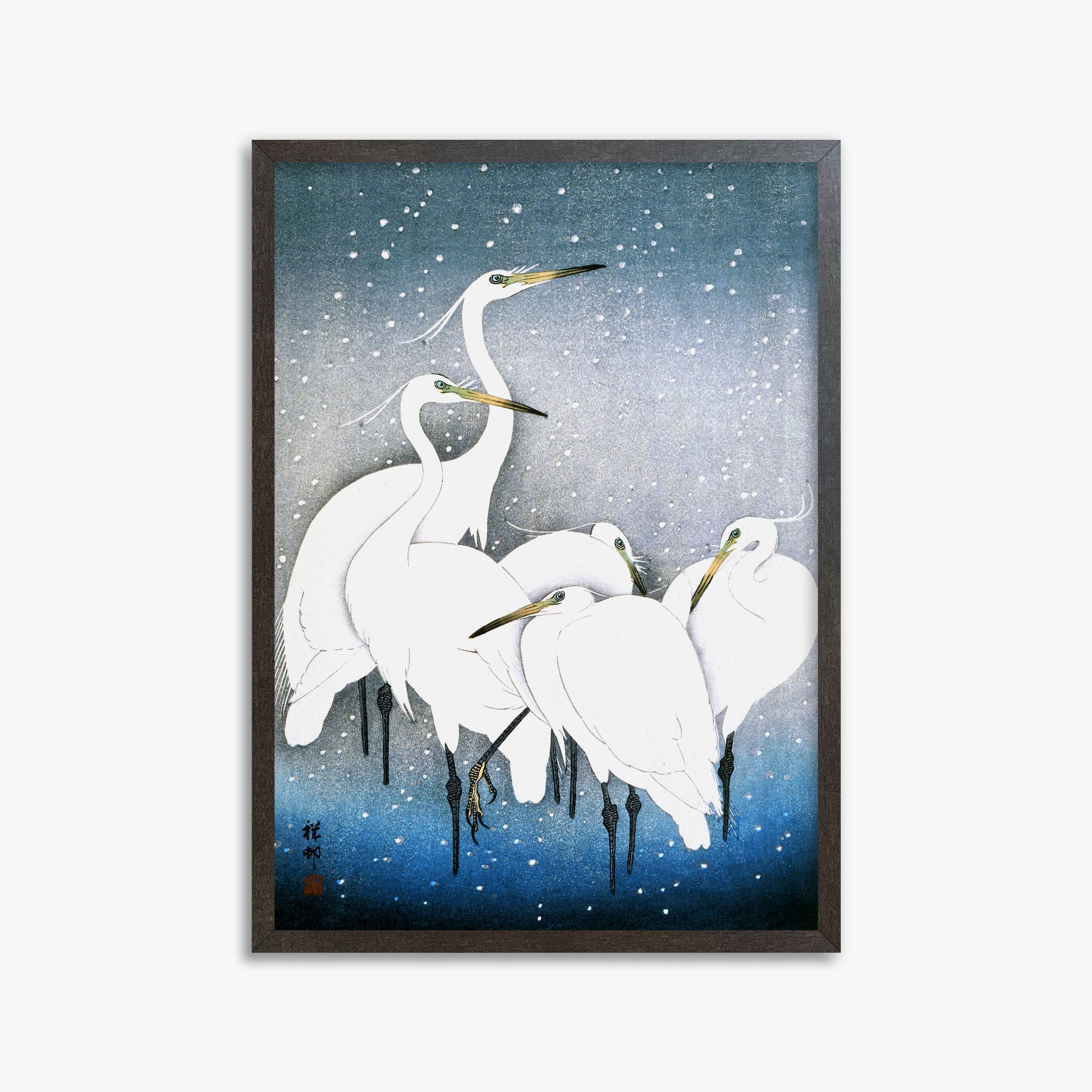 Ohara Koson: Egrets in the Snow, 50x70cm Framed Art Reproduction With Espresso Frame