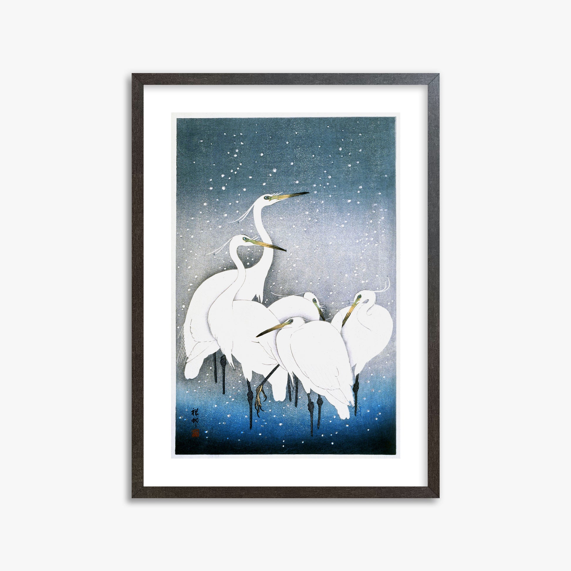 Ohara Koson: Egrets in the Snow, 50x70cm Framed Art Reproduction With Espresso Frame