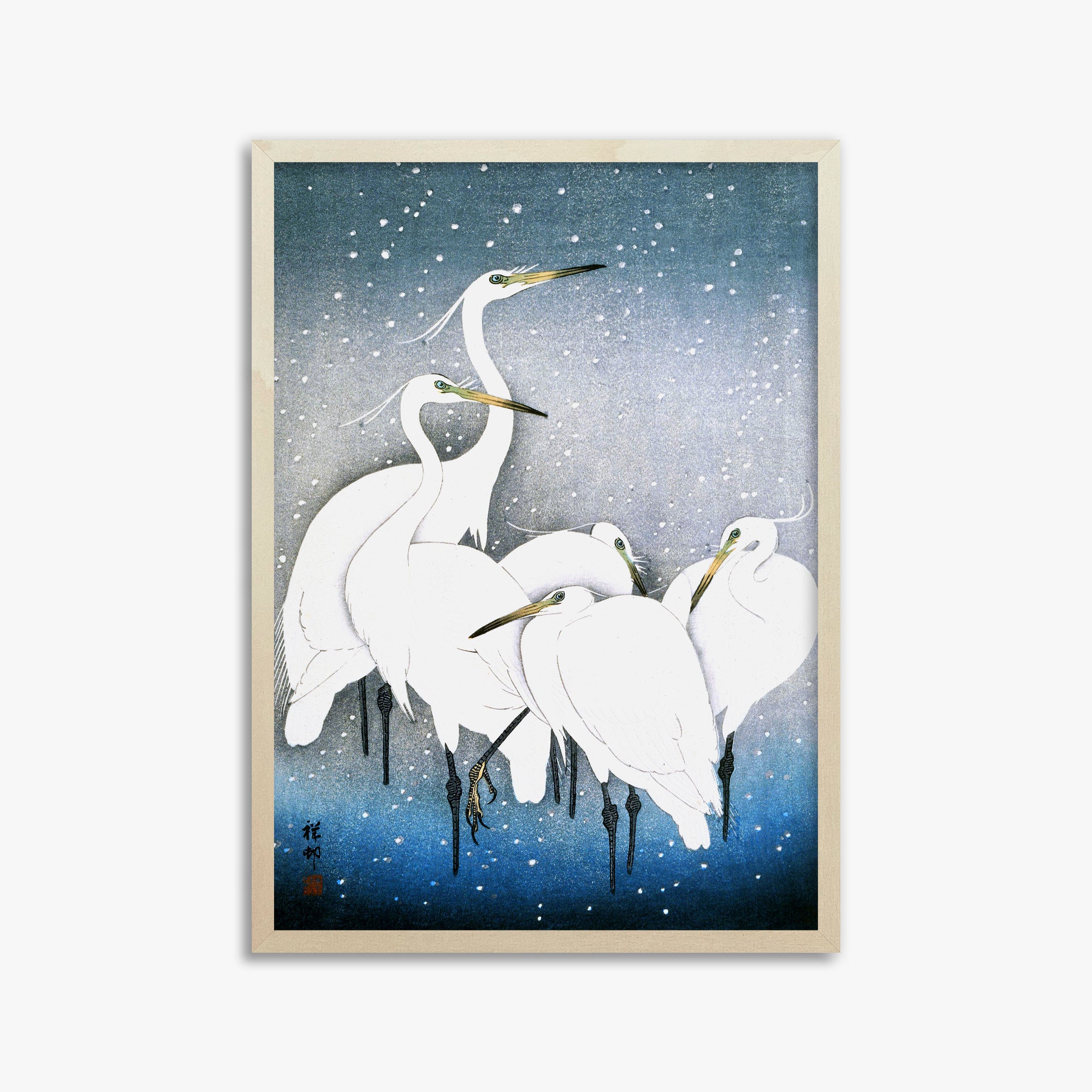 Ohara Koson: Egrets in the Snow, 50x70cm Framed Art Reproduction With Lime Wood Frame