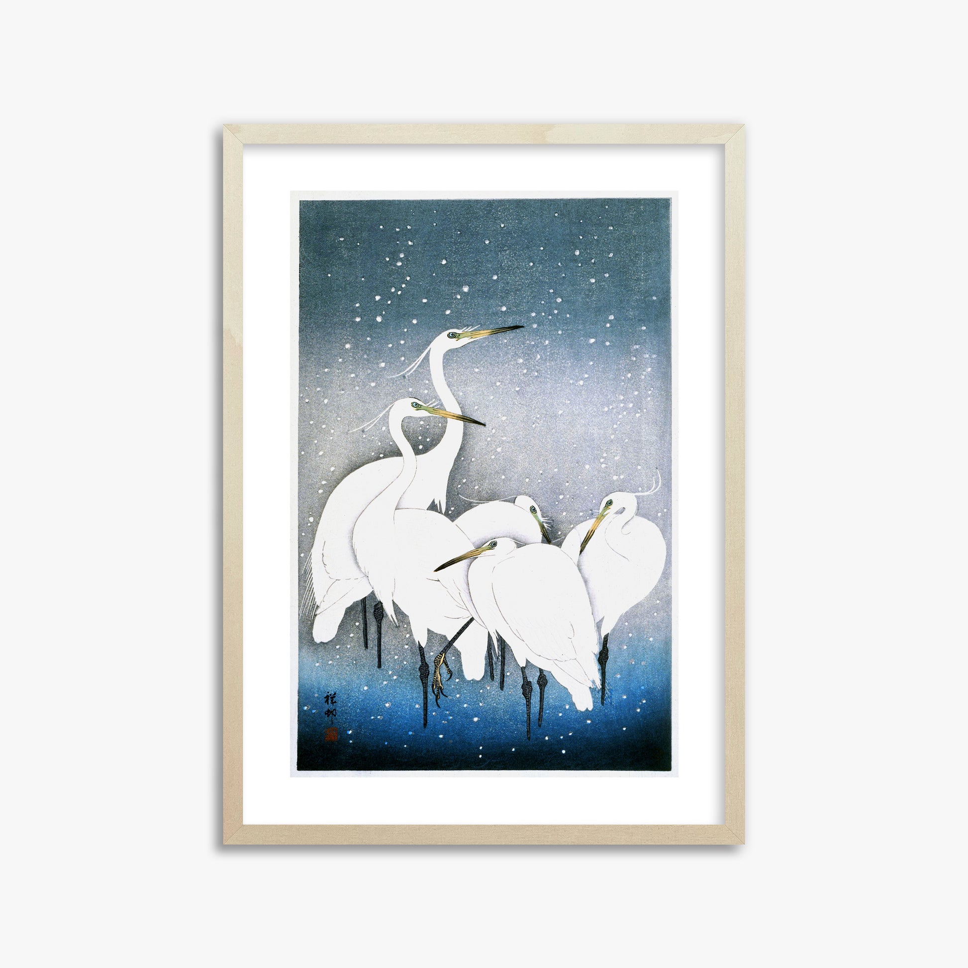 Ohara Koson: Egrets in the Snow, 50x70cm Framed Art Reproduction With Lime Wood Frame