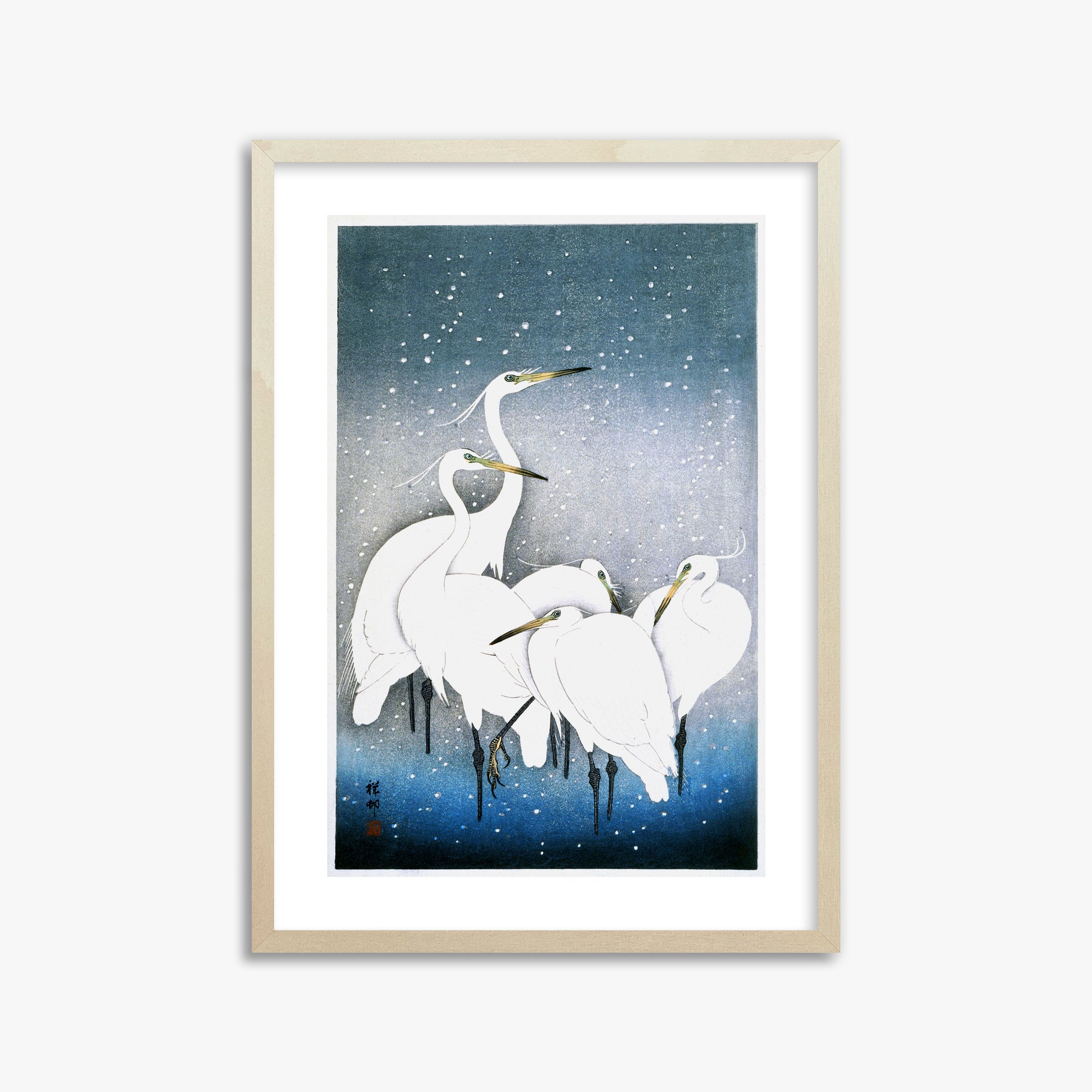 Ohara Koson: Egrets in the Snow, 50x70cm Framed Art Reproduction With Lime Wood Frame