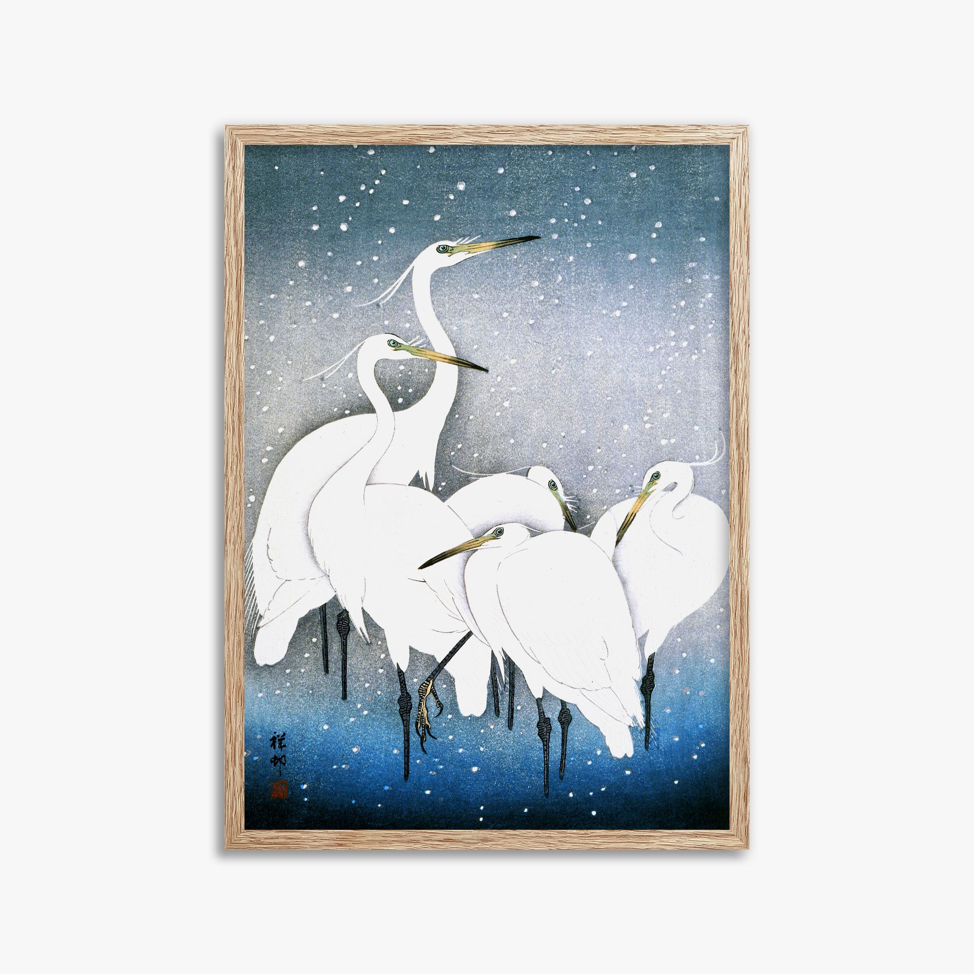Ohara Koson: Egrets in the Snow, 50x70cm Framed Art Reproduction With Raw Oak Frame