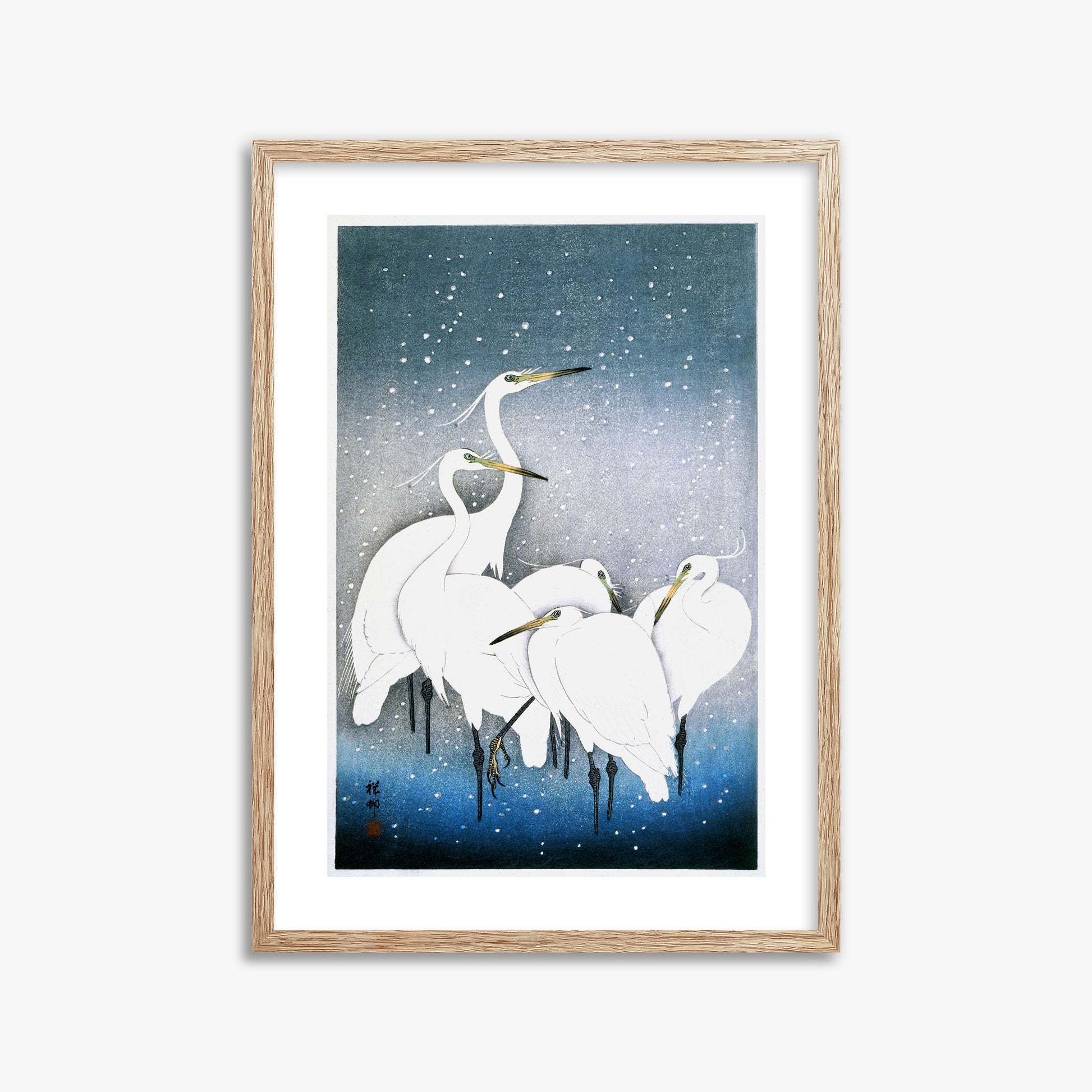 Ohara Koson: Egrets in the Snow, 50x70cm Framed Art Reproduction With Raw Oak Frame