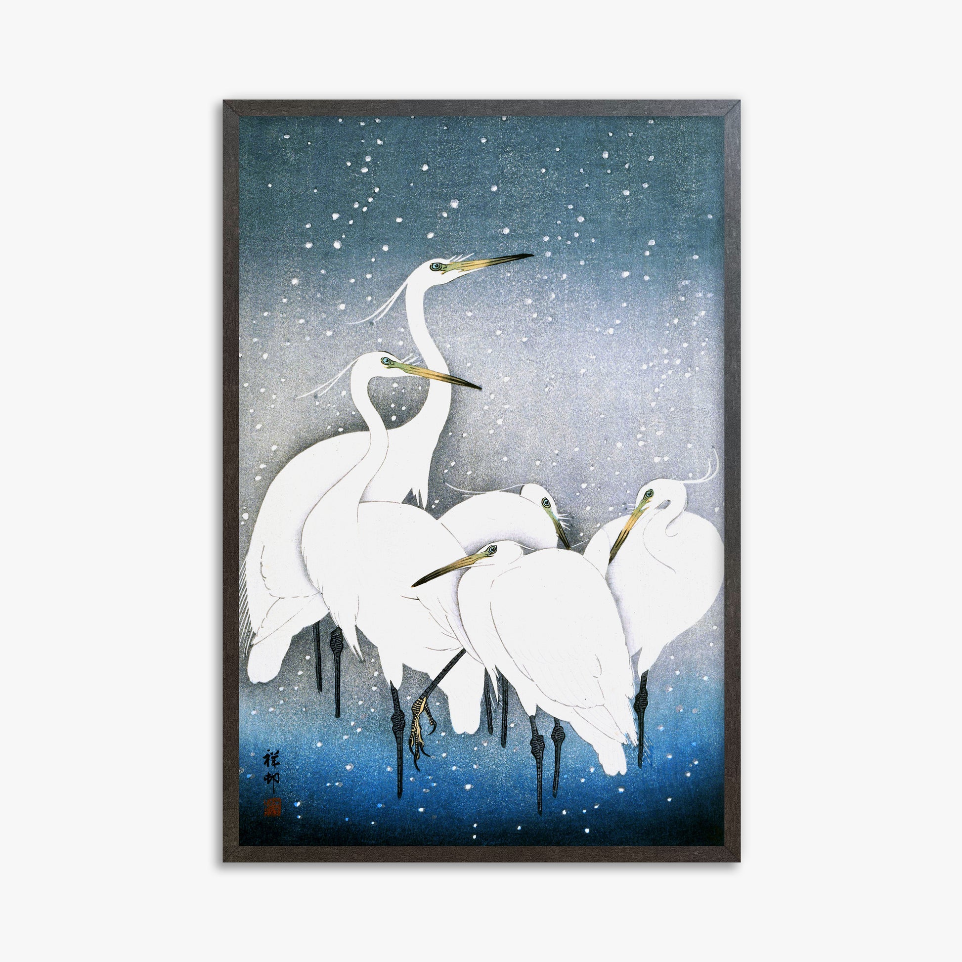 Ohara Koson: Egrets in the Snow, 61x91cm Framed Art Reproduction With Espresso Frame