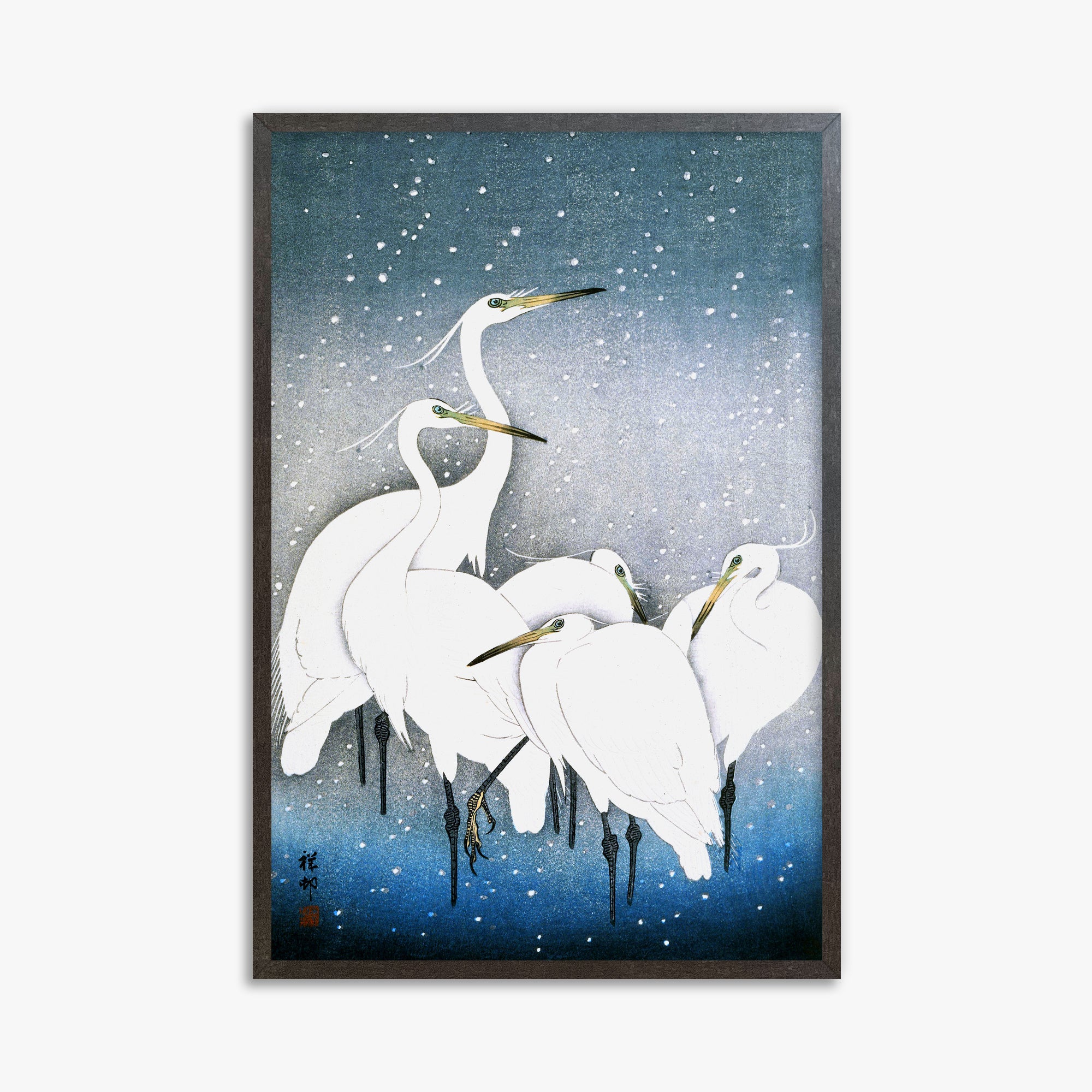 Ohara Koson: Egrets in the Snow, 61x91cm Framed Art Reproduction With Espresso Frame